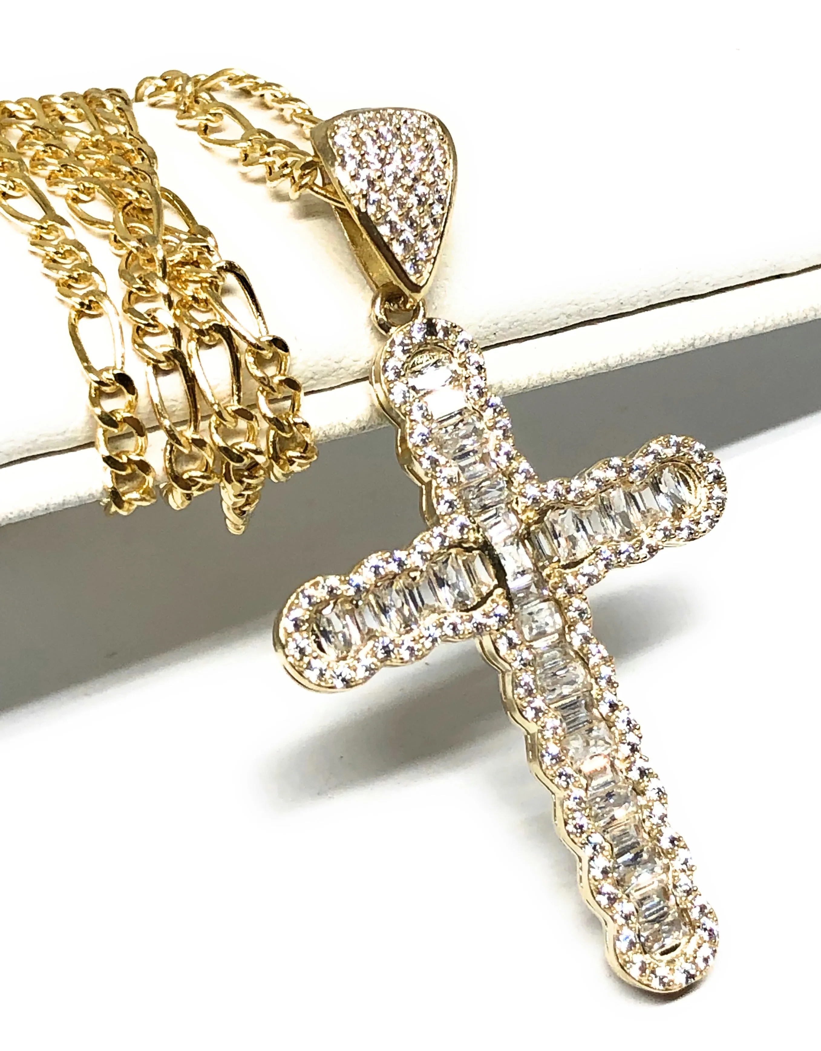 10k Solid Gold Cubic Zirconia CZ Baguette Cross Pendant Necklace