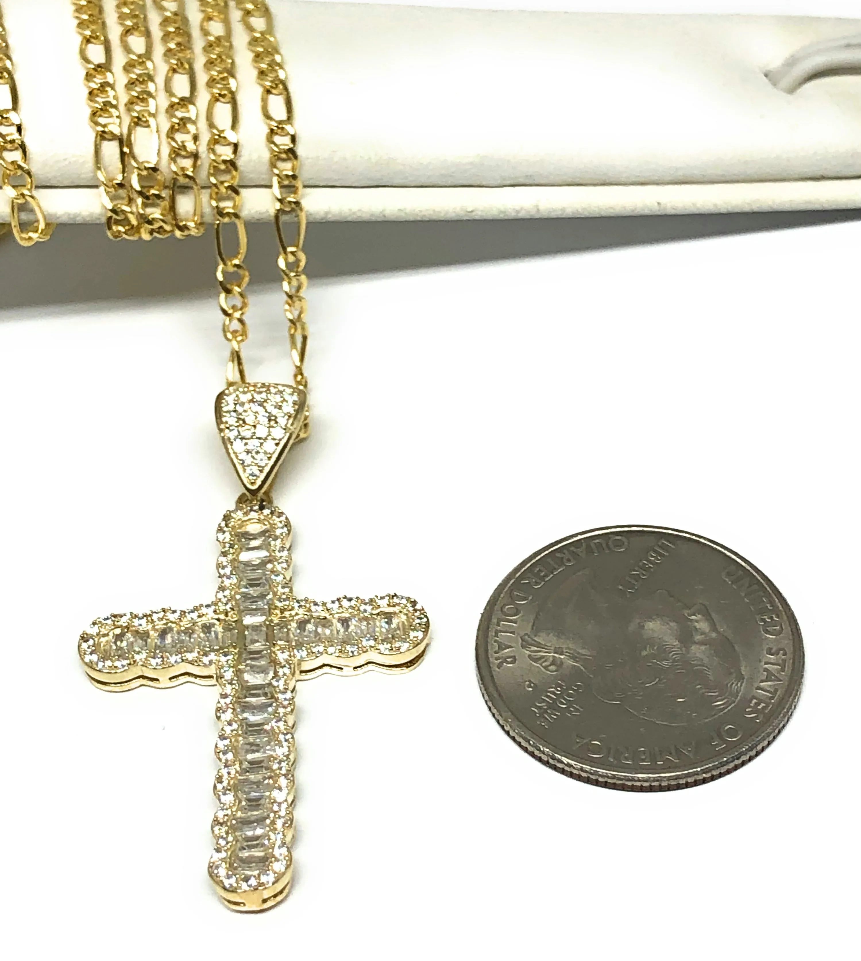 10k Solid Gold Cubic Zirconia CZ Baguette Cross Pendant Necklace