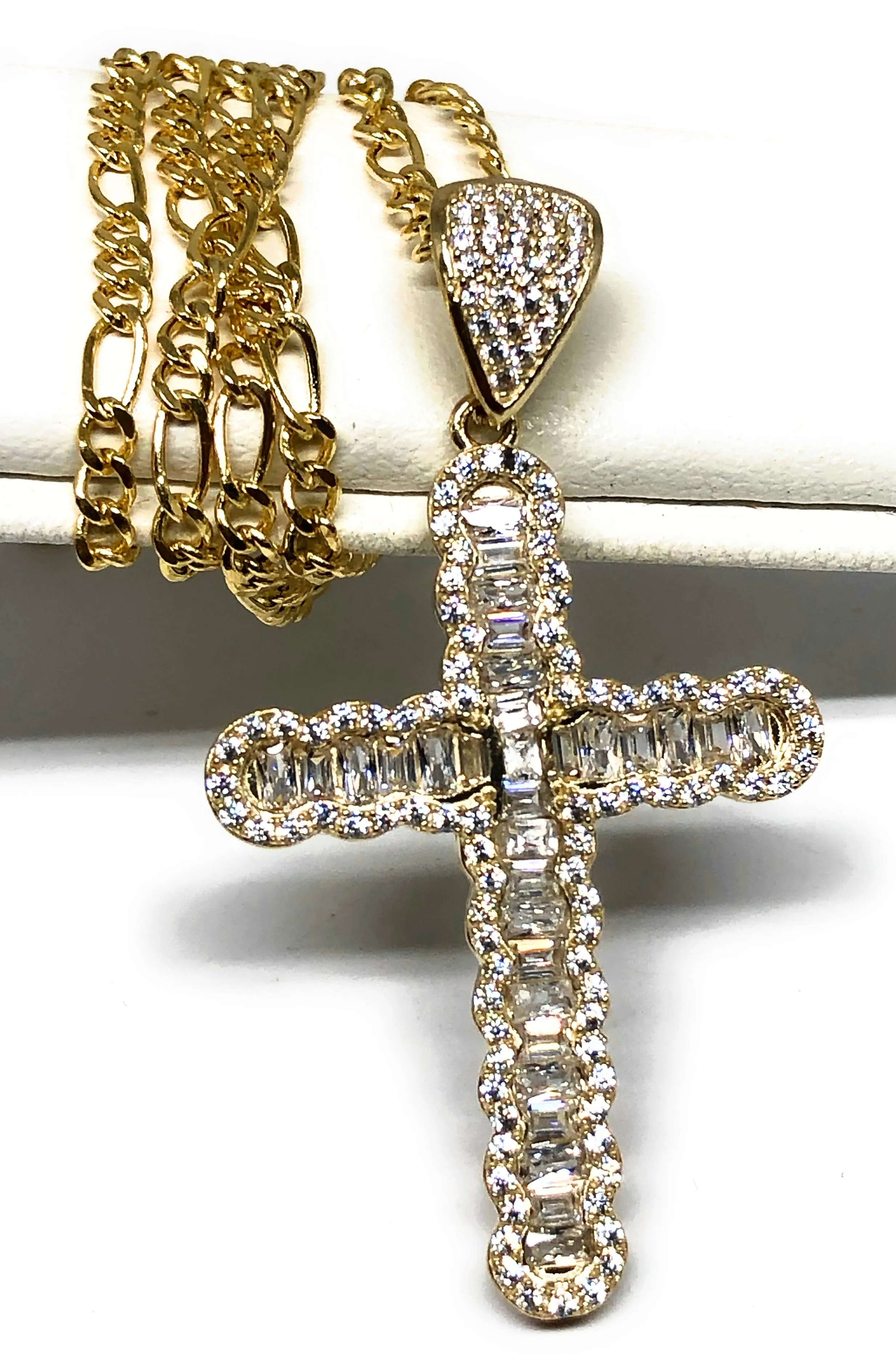 10k Solid Gold Cubic Zirconia CZ Baguette Cross Pendant Necklace