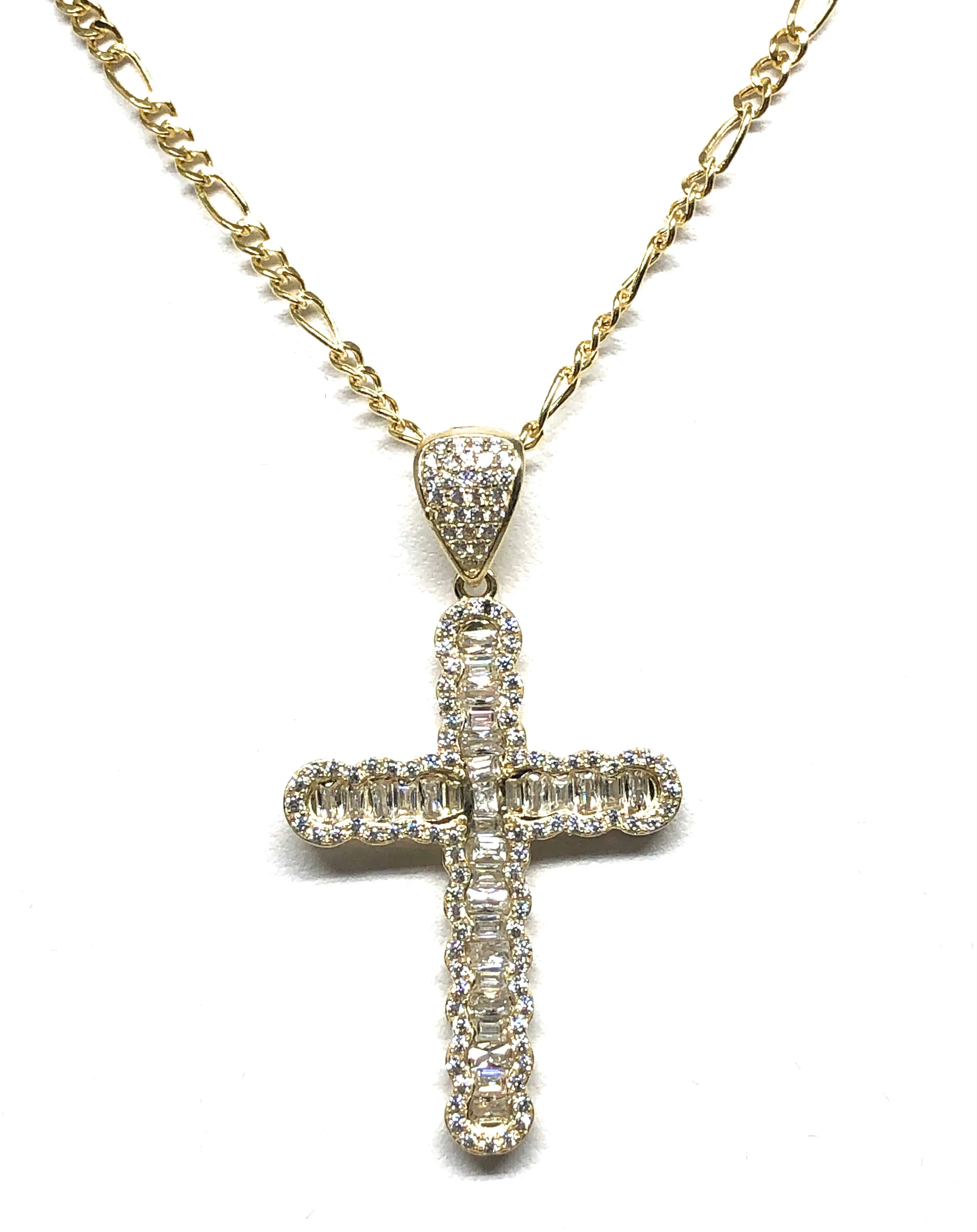 10k Solid Gold Cubic Zirconia CZ Baguette Cross Pendant Necklace