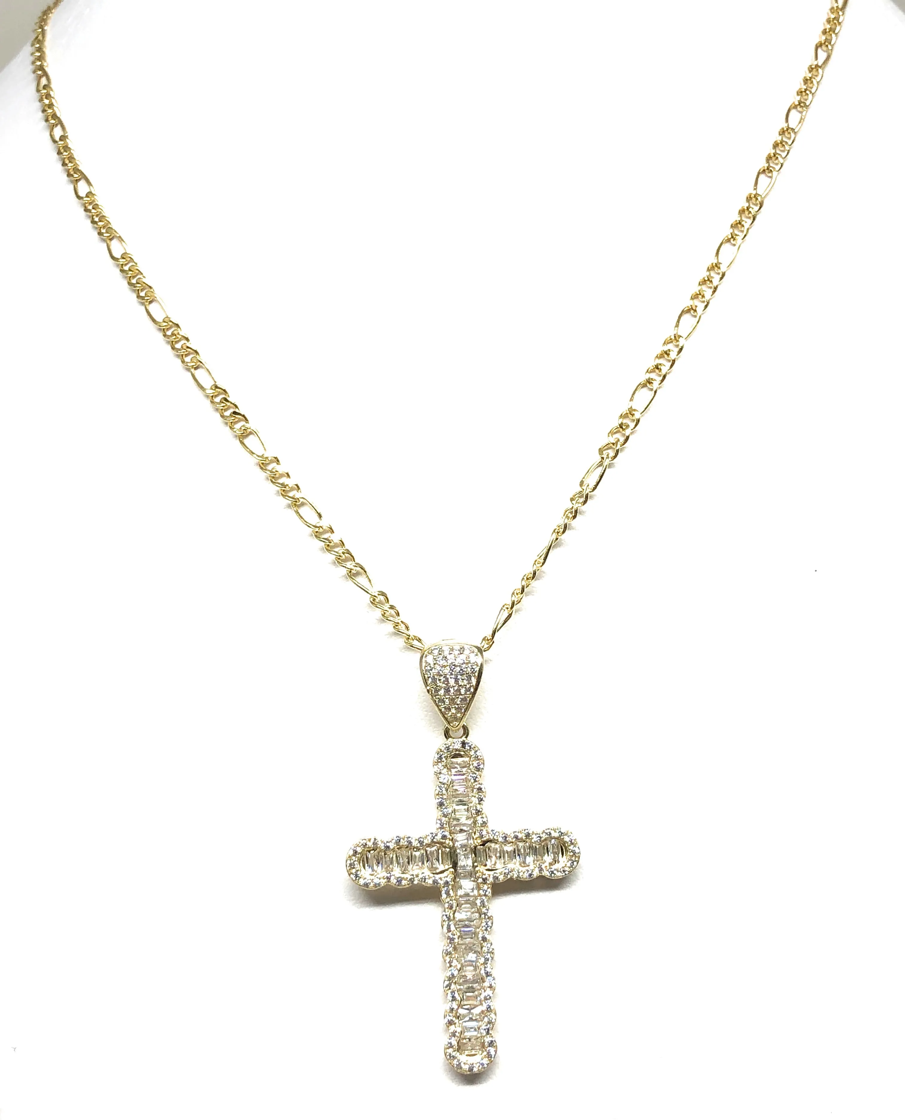 10k Solid Gold Cubic Zirconia CZ Baguette Cross Pendant Necklace