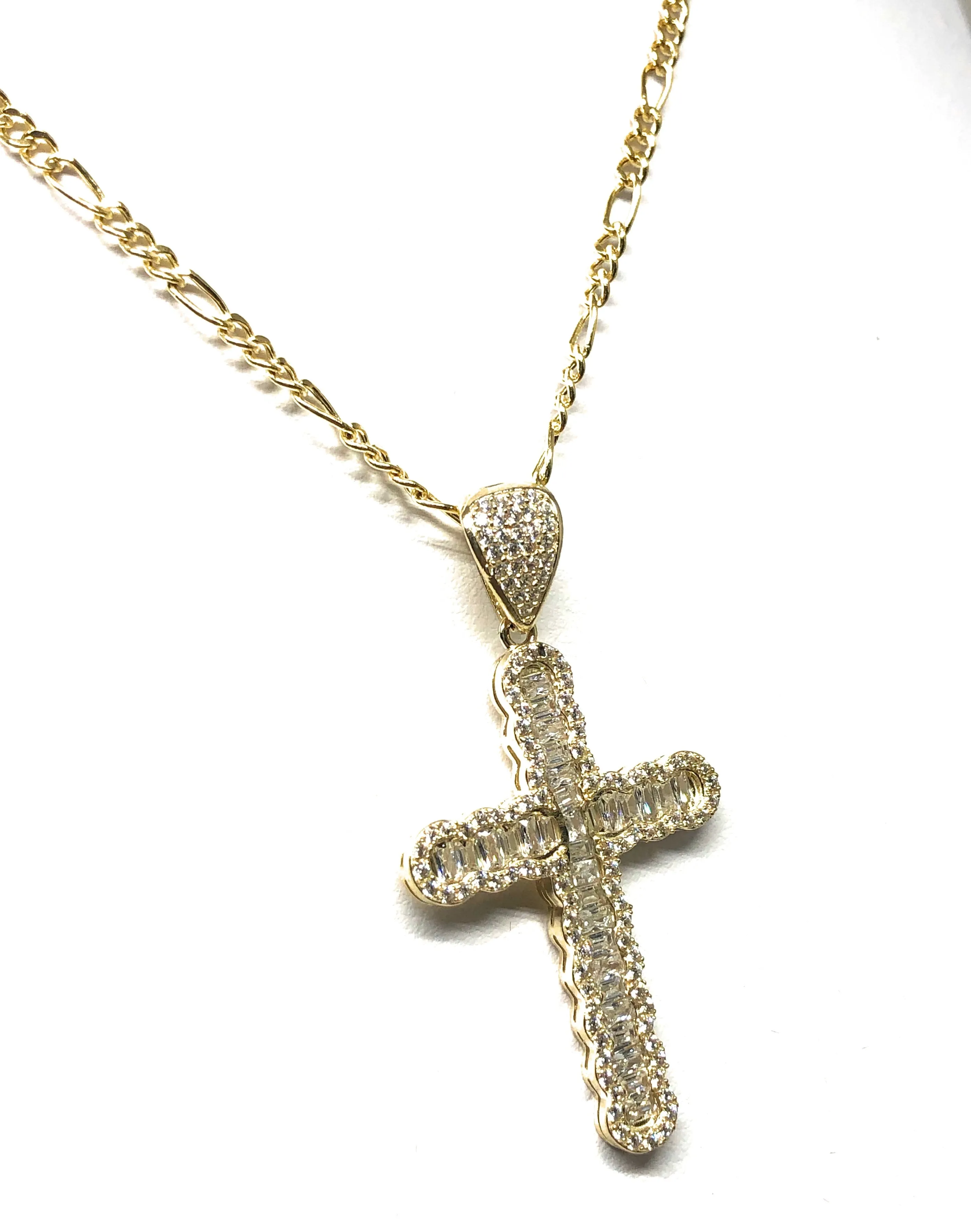 10k Solid Gold Cubic Zirconia CZ Baguette Cross Pendant Necklace