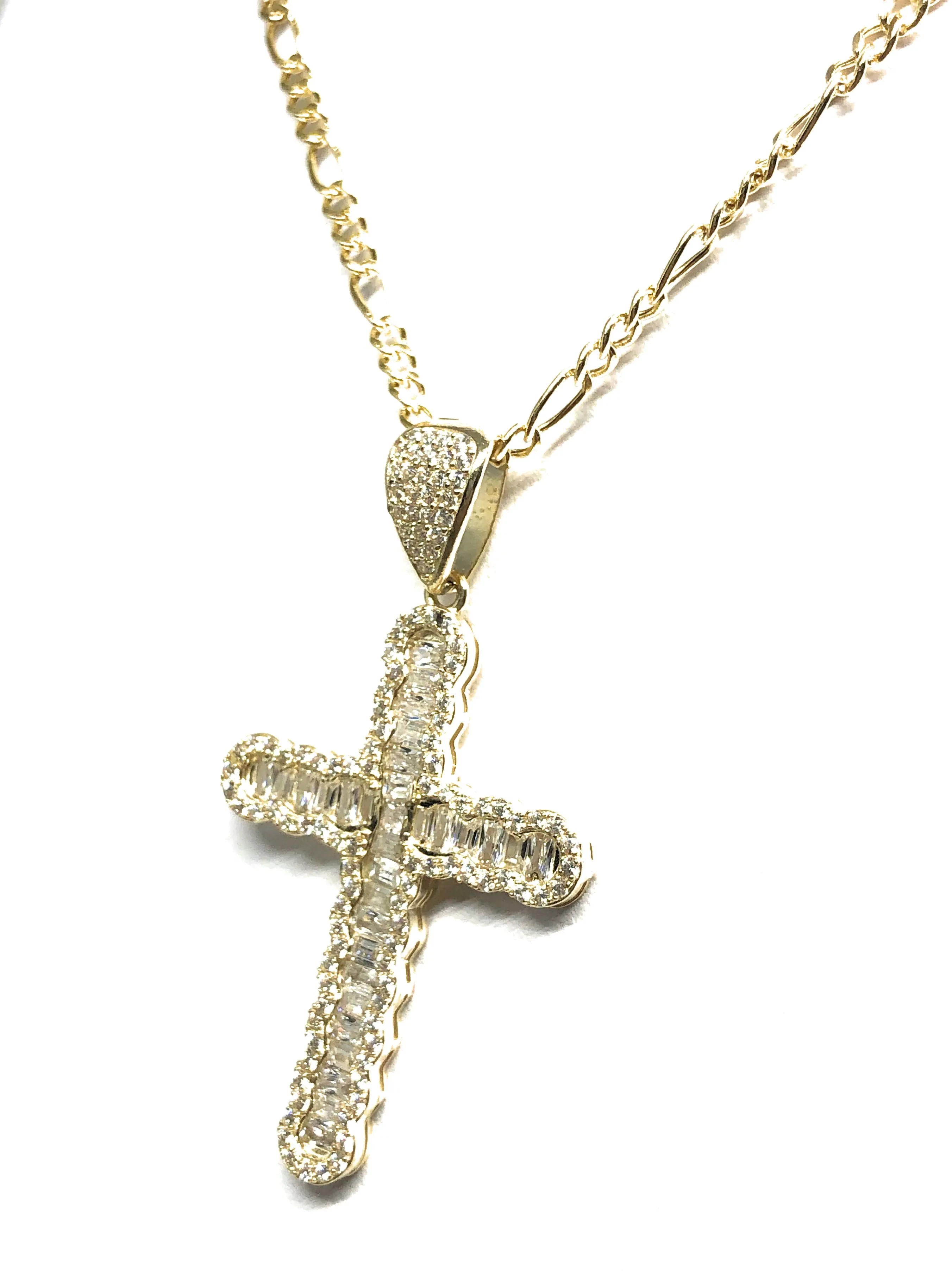 10k Solid Gold Cubic Zirconia CZ Baguette Cross Pendant Necklace