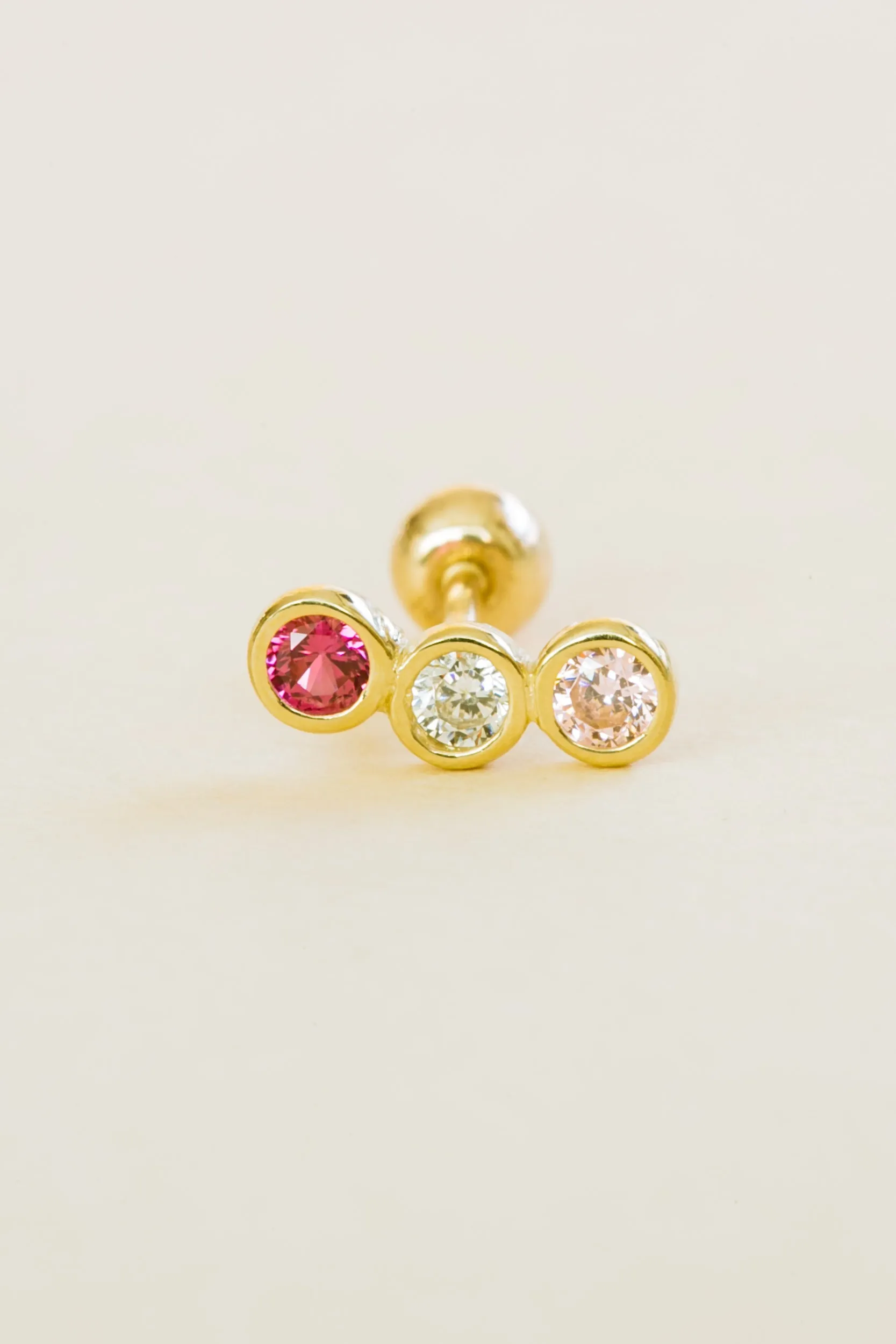 14k Gold Triple Round Rainbow Cz Curved Bar Barbell Ear Stud Piercing