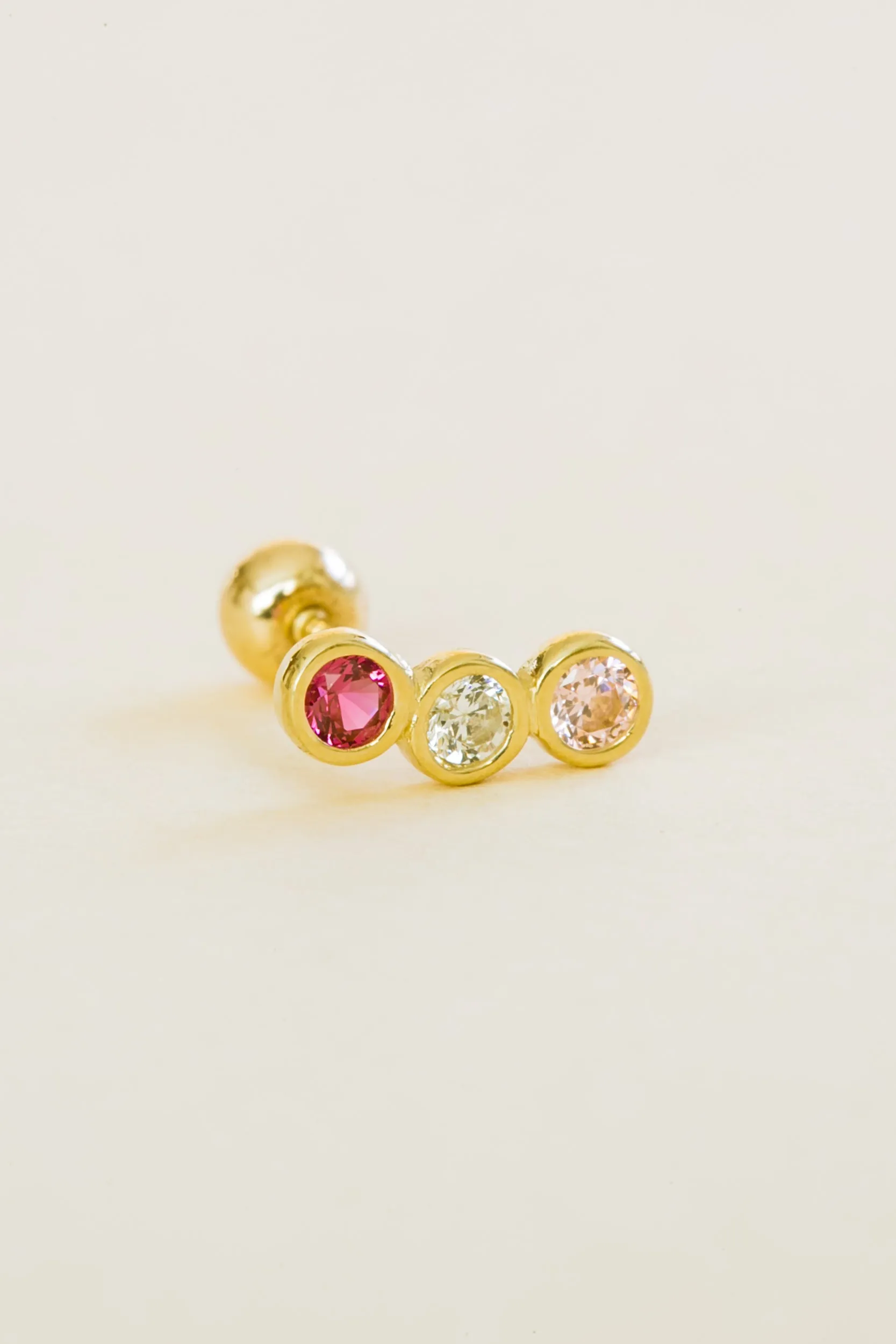 14k Gold Triple Round Rainbow Cz Curved Bar Barbell Ear Stud Piercing