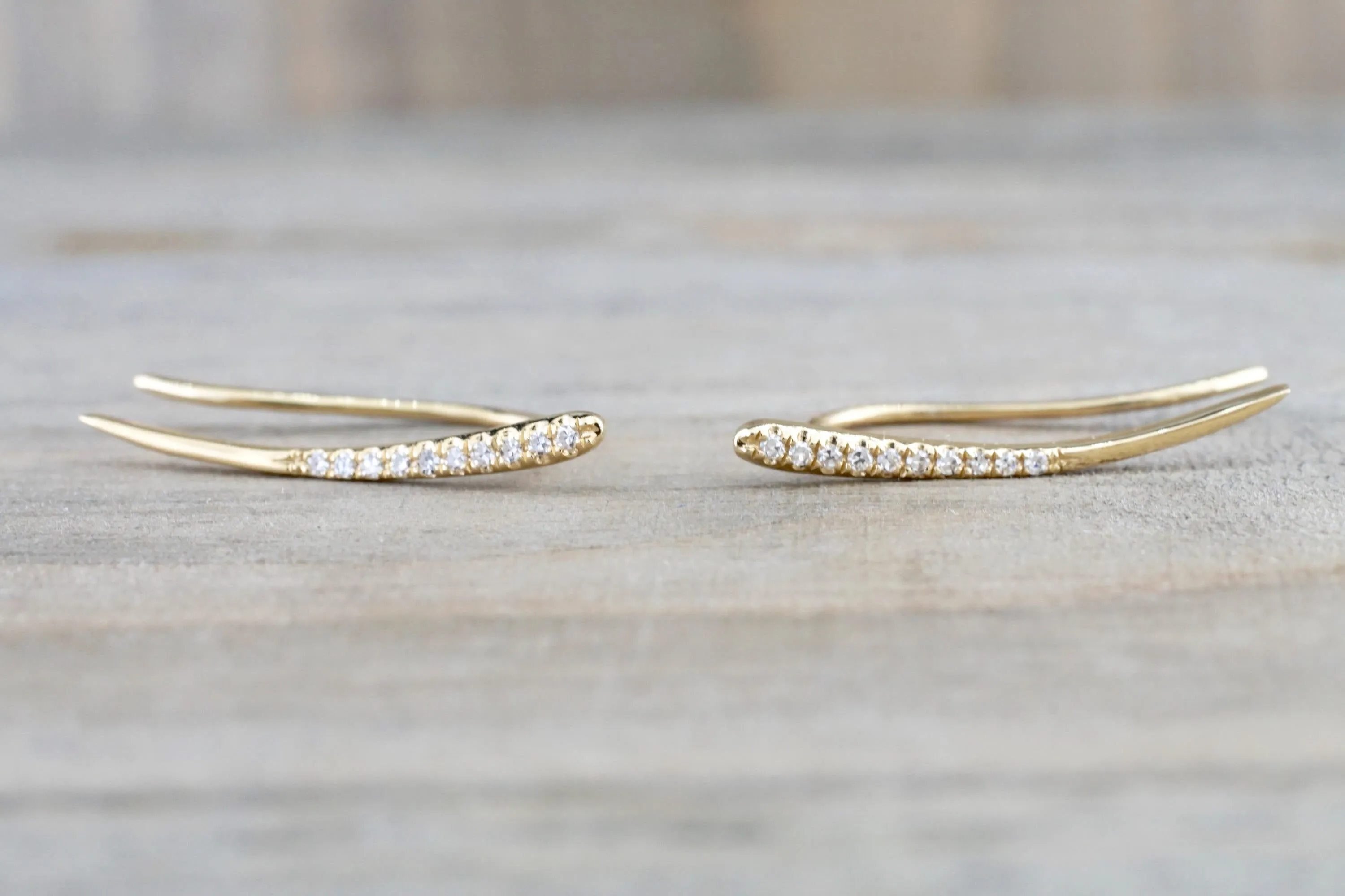 14k Yellow Gold Diamond Bar Cuff Curve Earring Studs Stud Hook