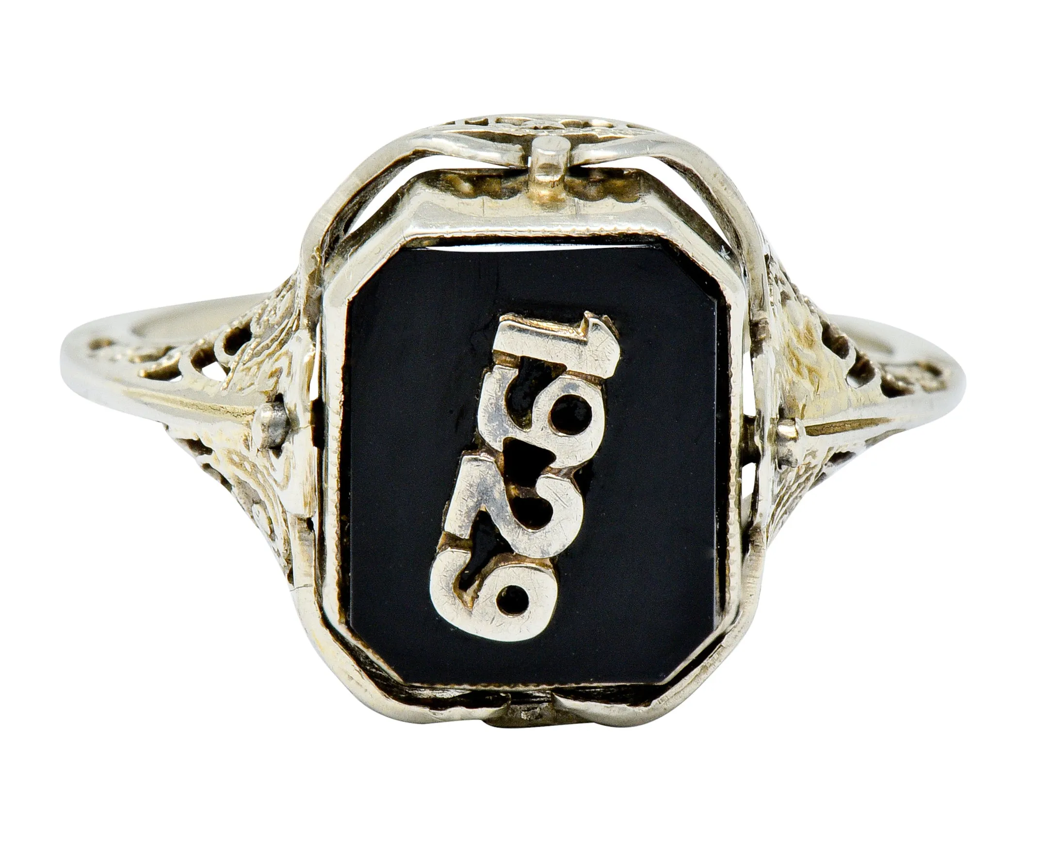 1929 Art Deco Onyx Shell Cameo 14 Karat White Gold Date Flip Ring