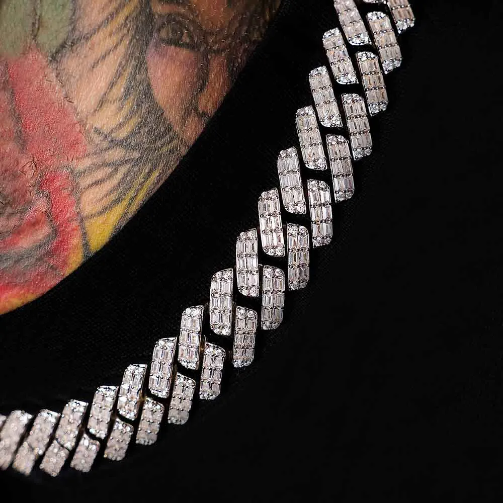 2 Row Diamond Baguette Cuban Chain White Gold 18mm