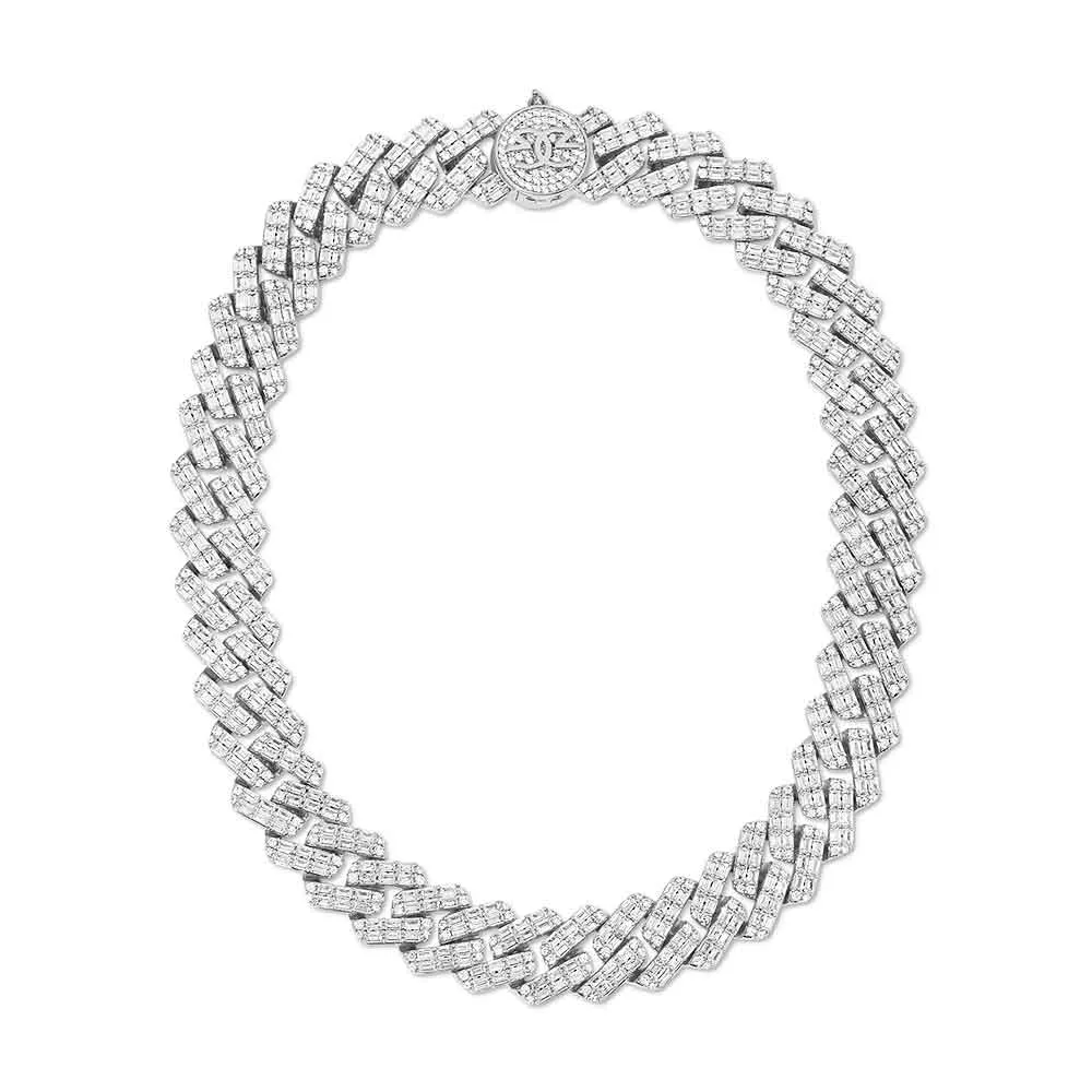 2 Row Diamond Baguette Cuban Chain White Gold 18mm