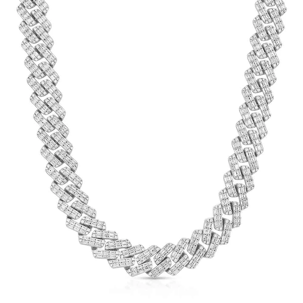 2 Row Diamond Baguette Cuban Chain White Gold 18mm