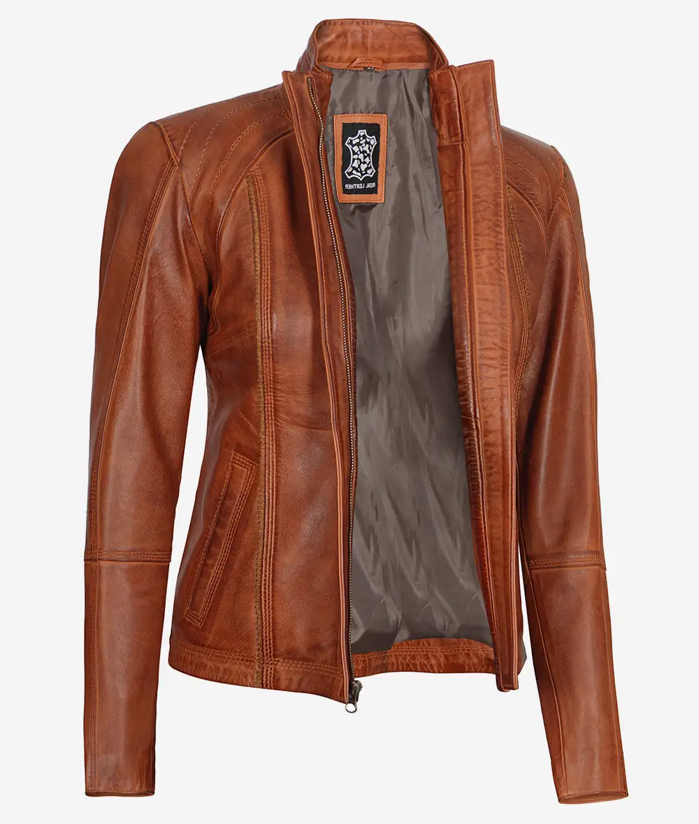 Acerra Women's Cognac Brown Cafe Racer Leather Jacket