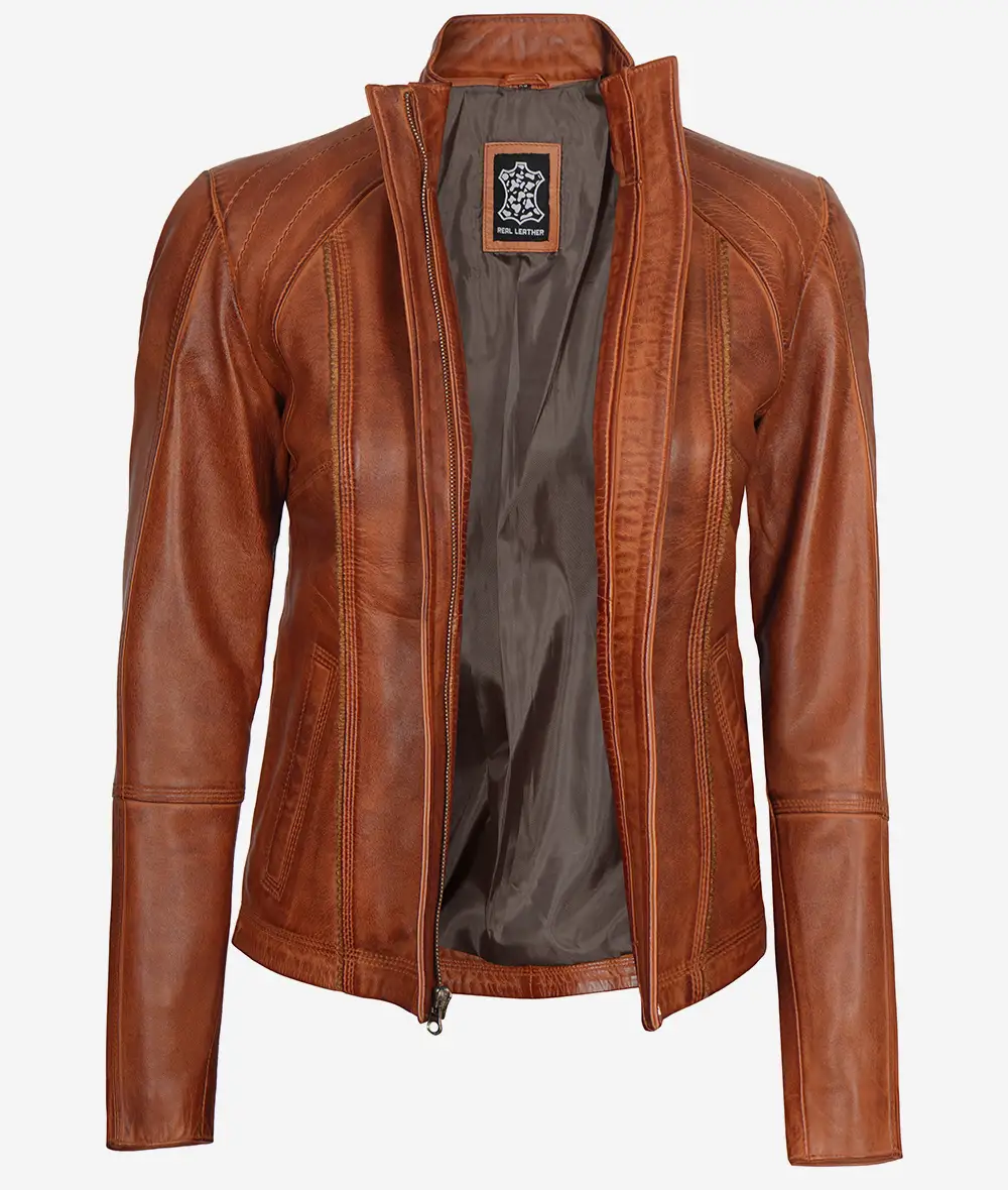 Acerra Women's Cognac Brown Cafe Racer Leather Jacket