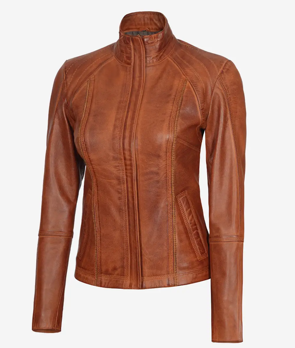 Acerra Women's Cognac Brown Cafe Racer Leather Jacket