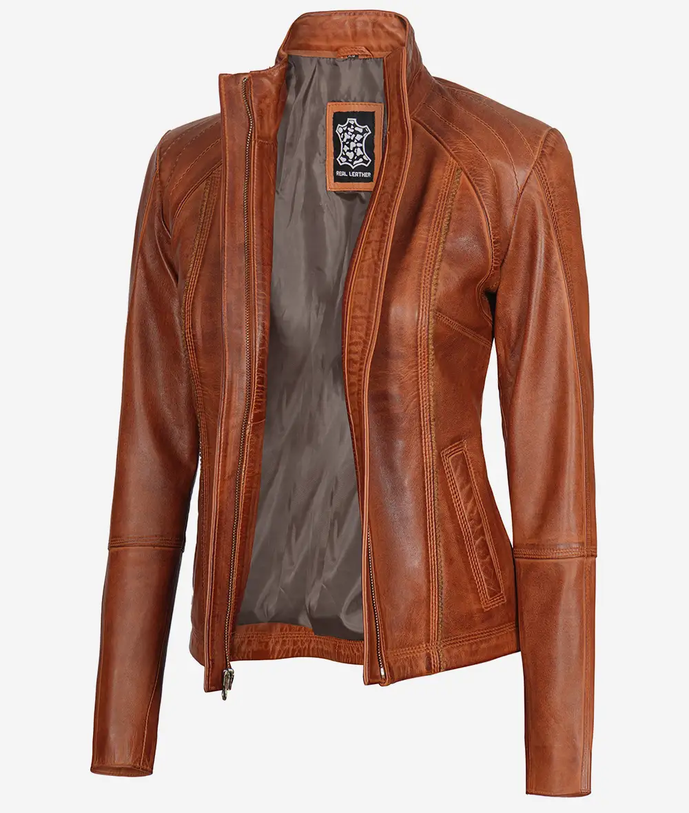 Acerra Women's Cognac Brown Cafe Racer Leather Jacket