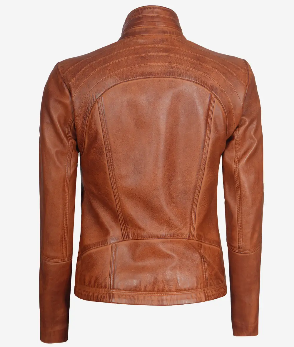 Acerra Women's Cognac Brown Cafe Racer Leather Jacket