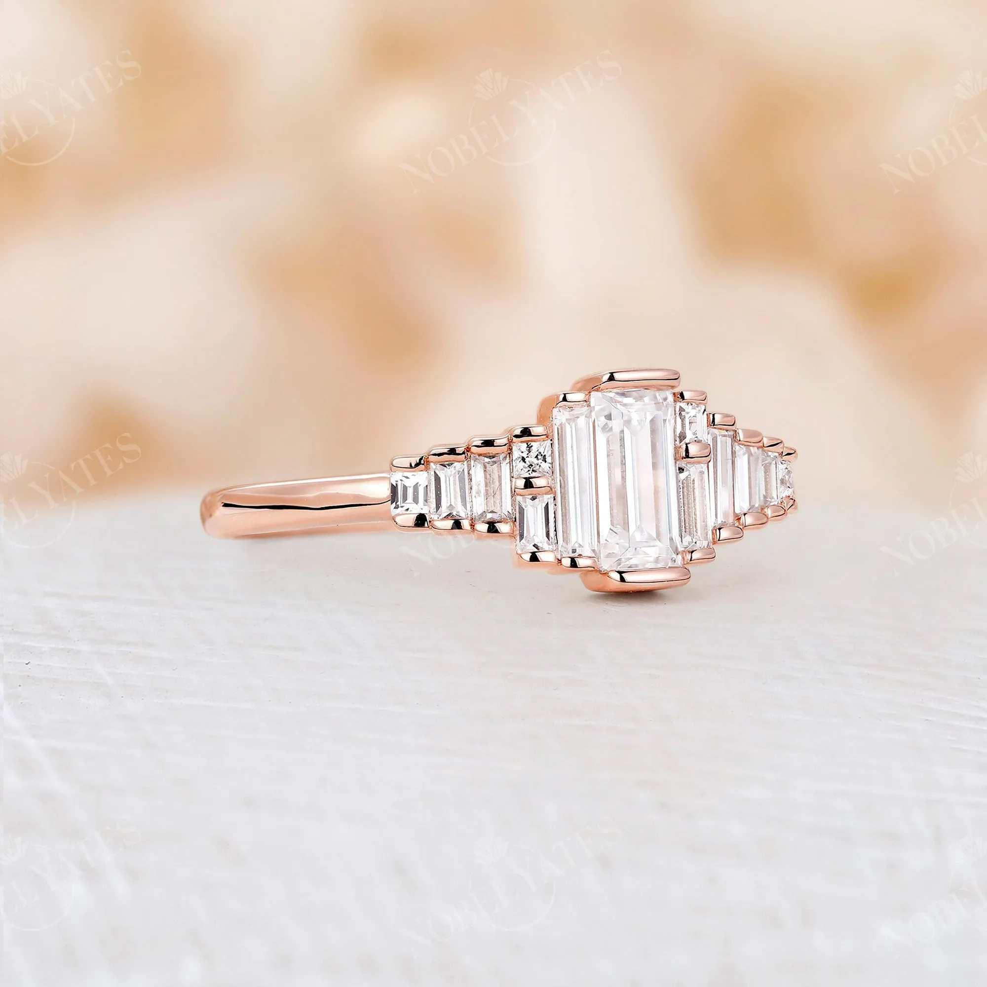 Art Deco Baguette CZ Cluster Engagement Ring Rose Gold