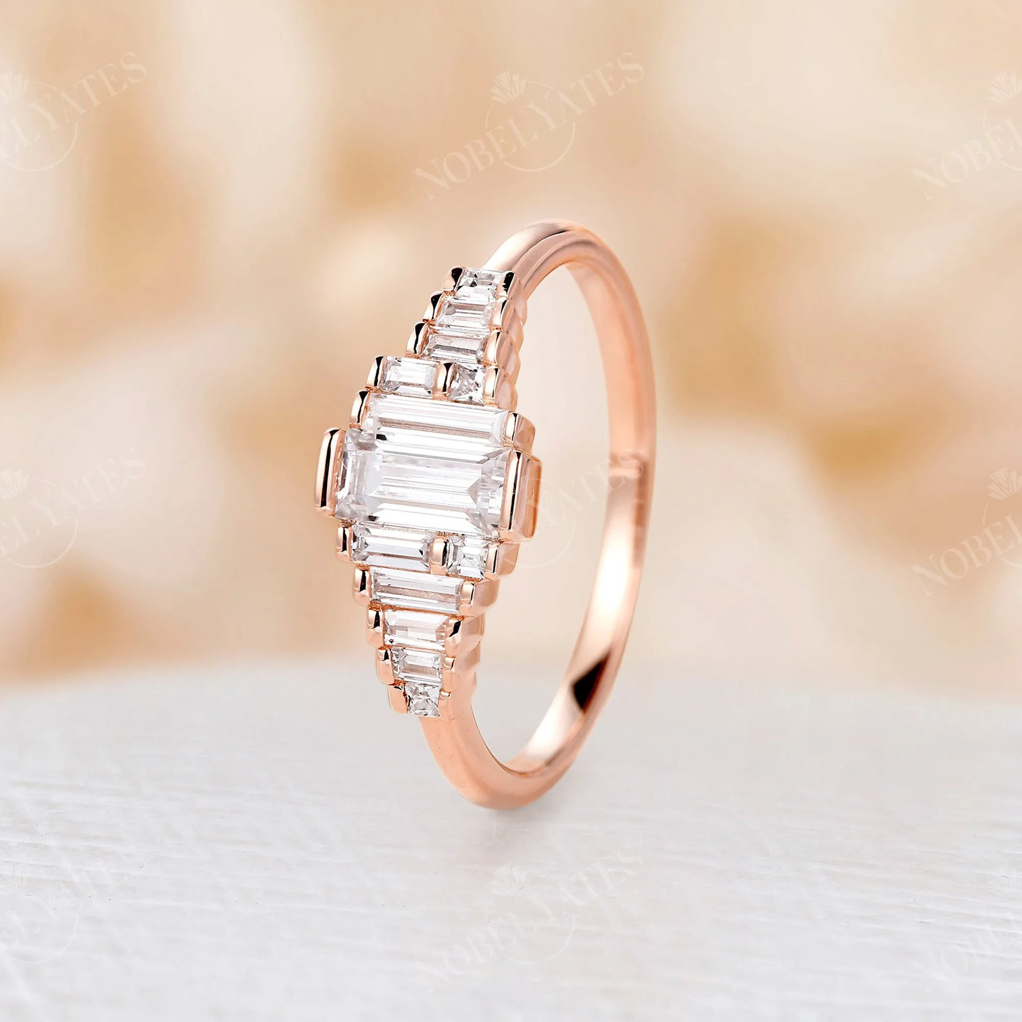 Art Deco Baguette CZ Cluster Engagement Ring Rose Gold