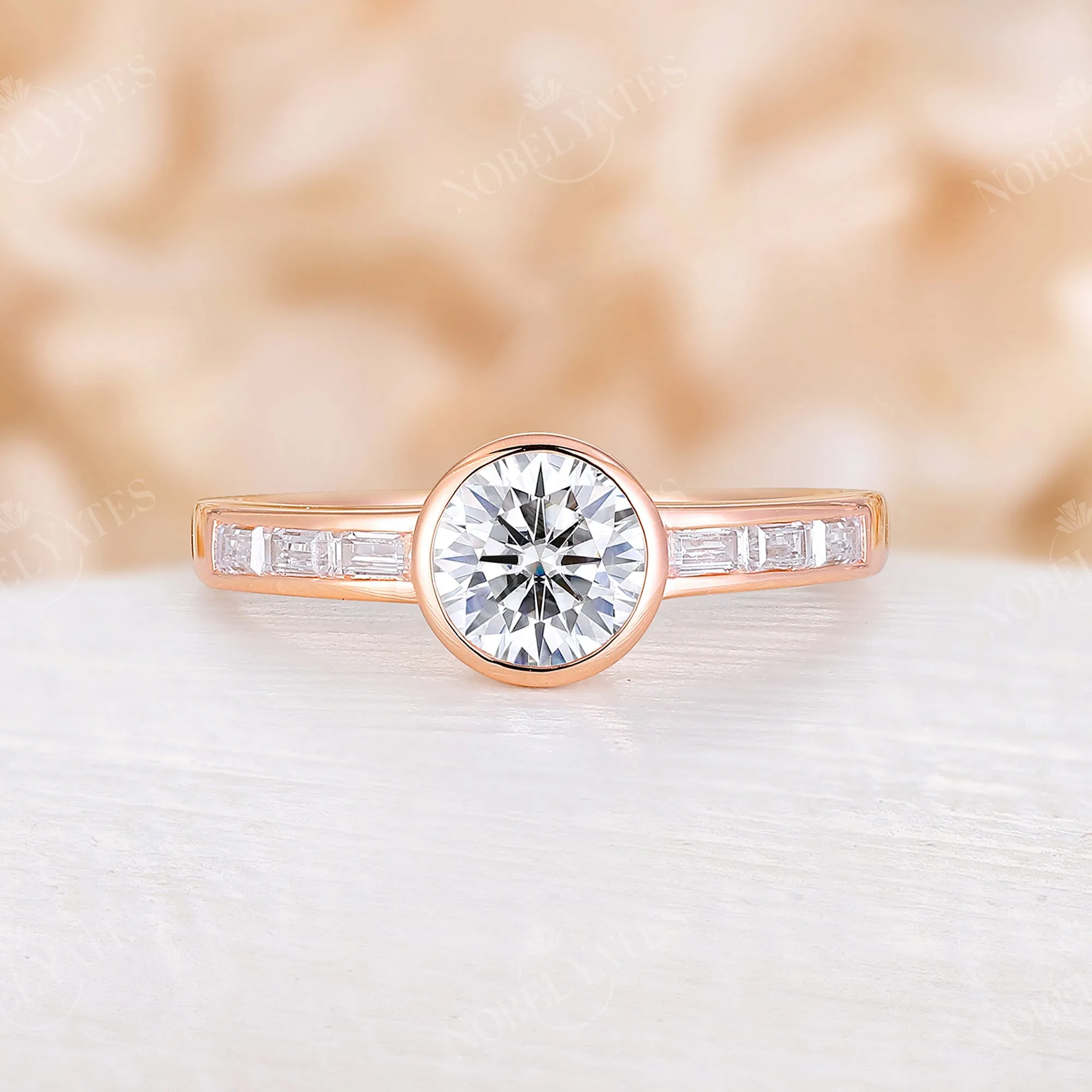 Art Deco Moissanite & Baguette CZ Bezel Engagement Ring Rose Gold