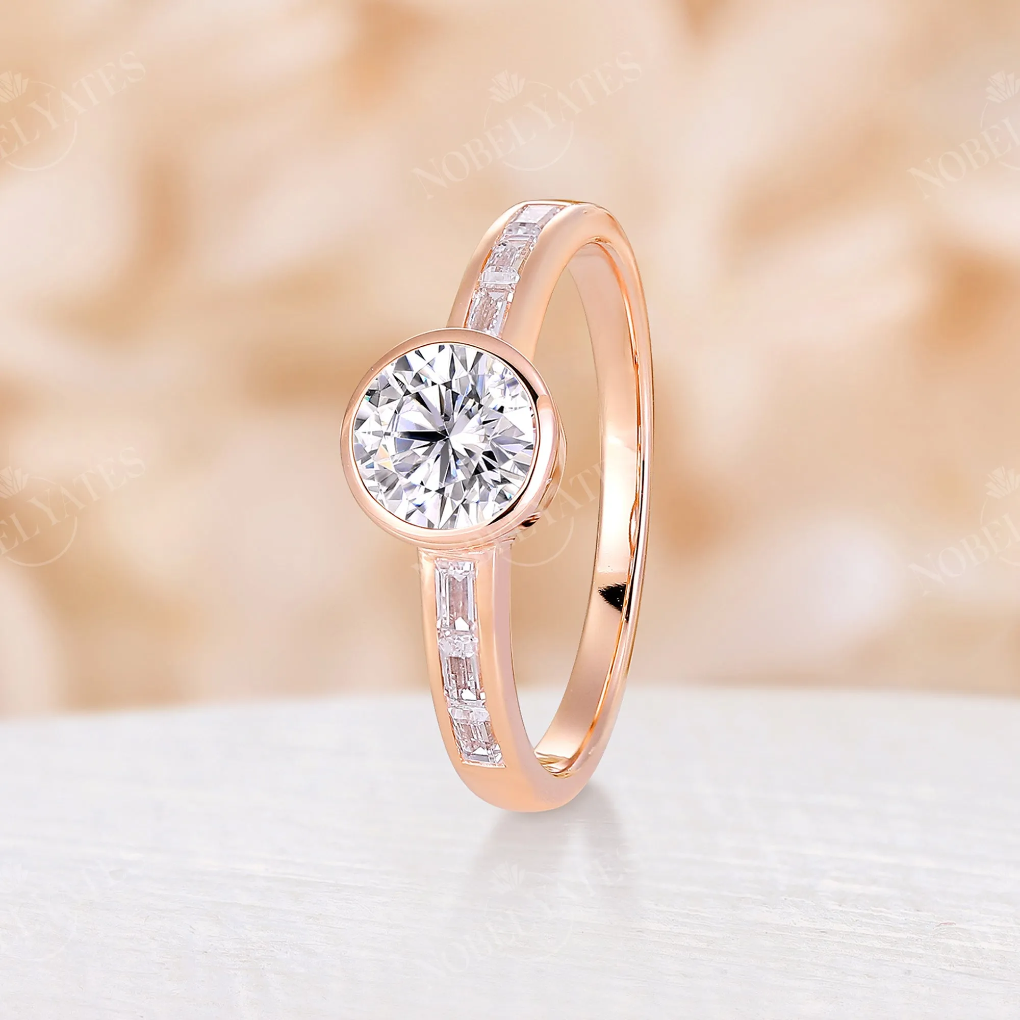 Art Deco Moissanite & Baguette CZ Bezel Engagement Ring Rose Gold