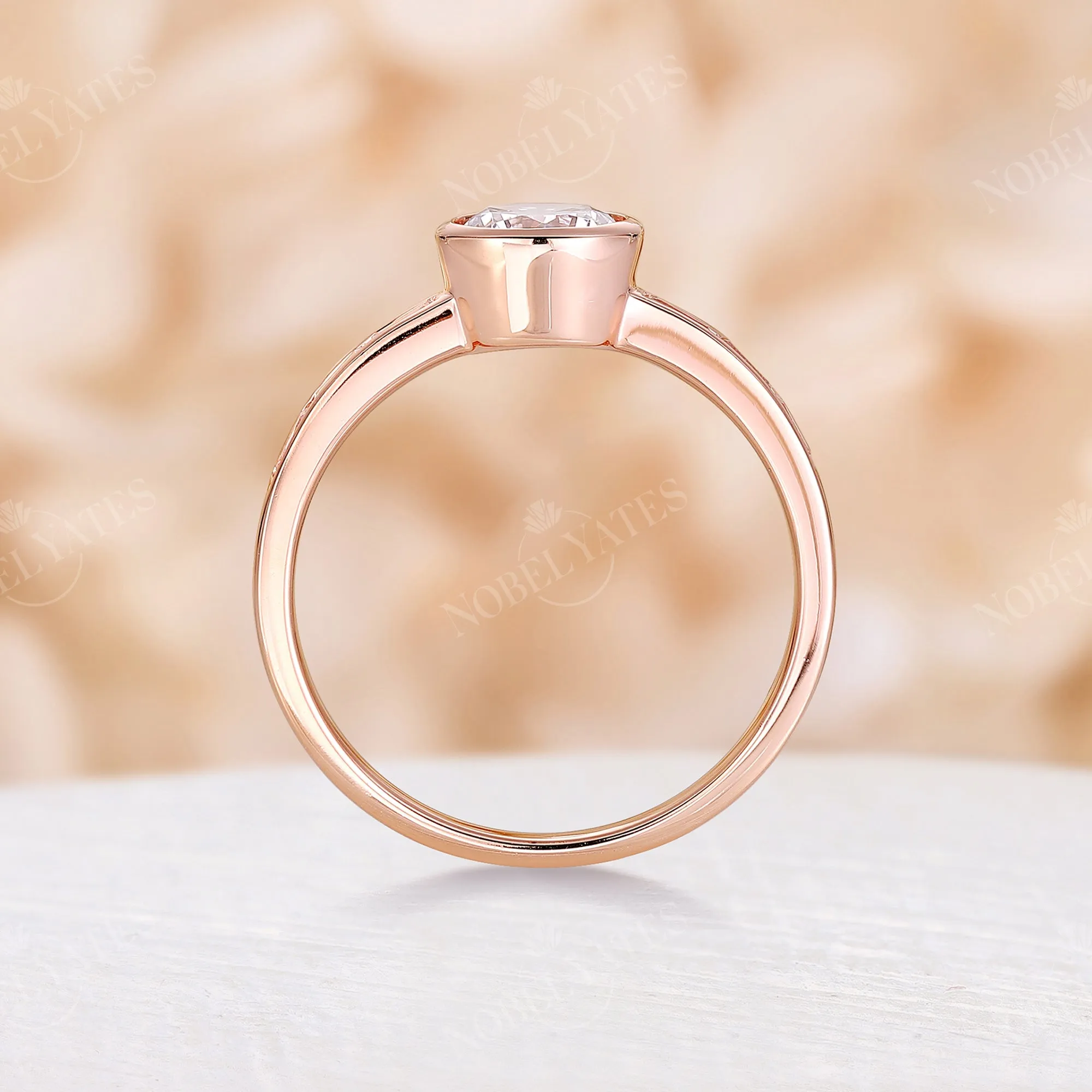 Art Deco Moissanite & Baguette CZ Bezel Engagement Ring Rose Gold