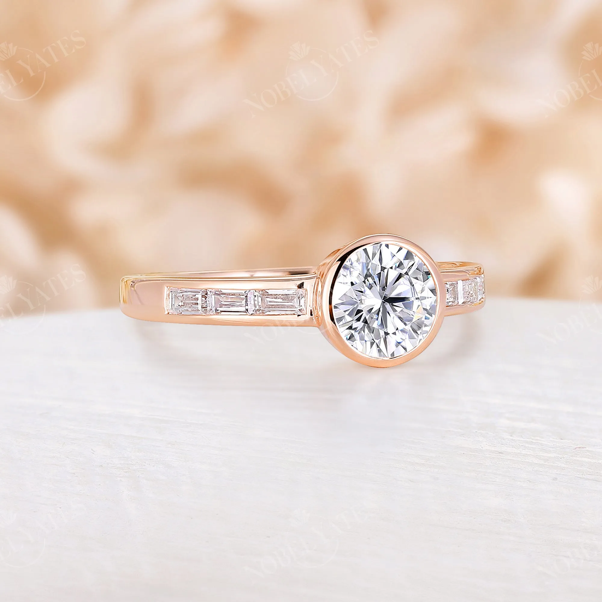 Art Deco Moissanite & Baguette CZ Bezel Engagement Ring Rose Gold