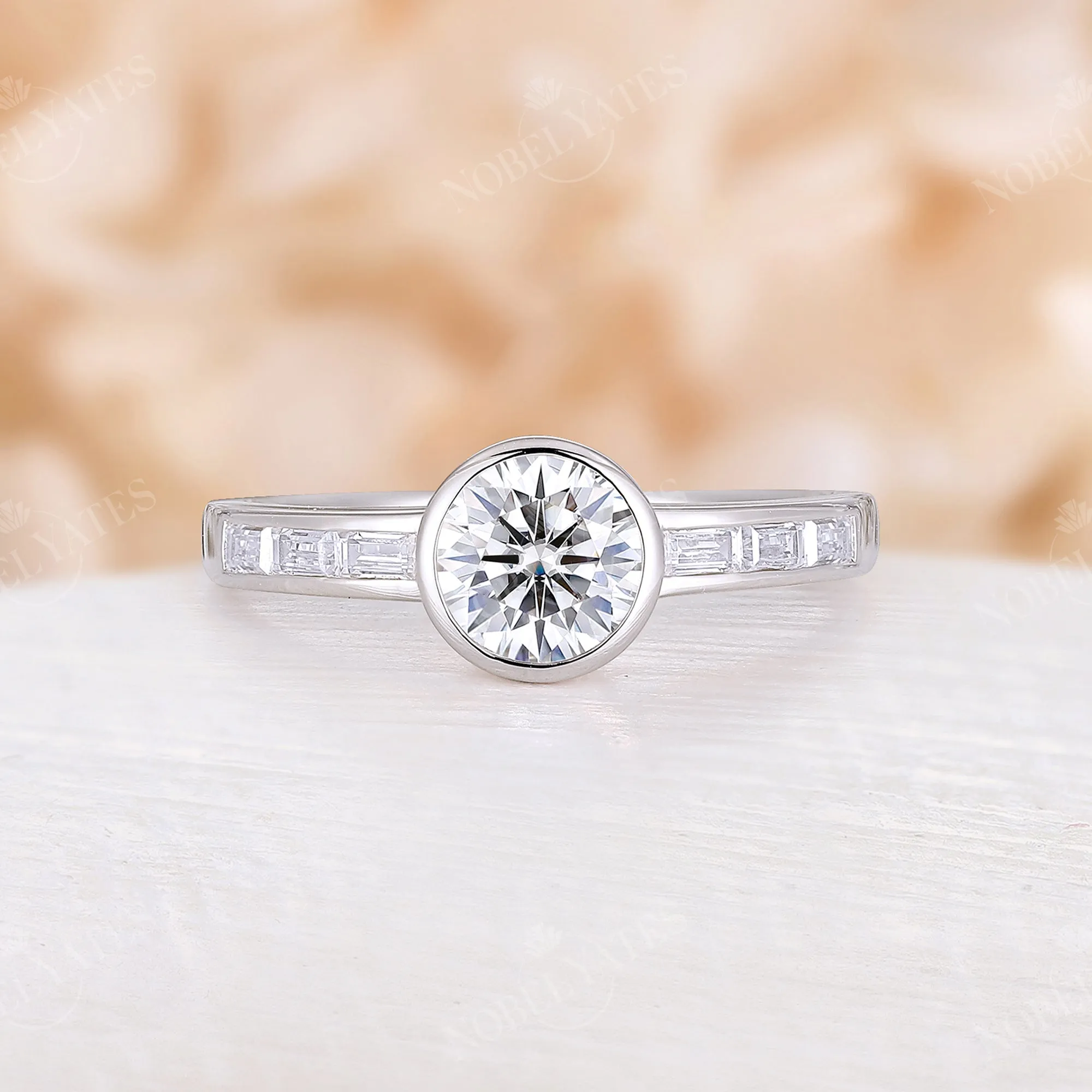 Art Deco Moissanite & Baguette CZ Bezel Engagement Ring Rose Gold