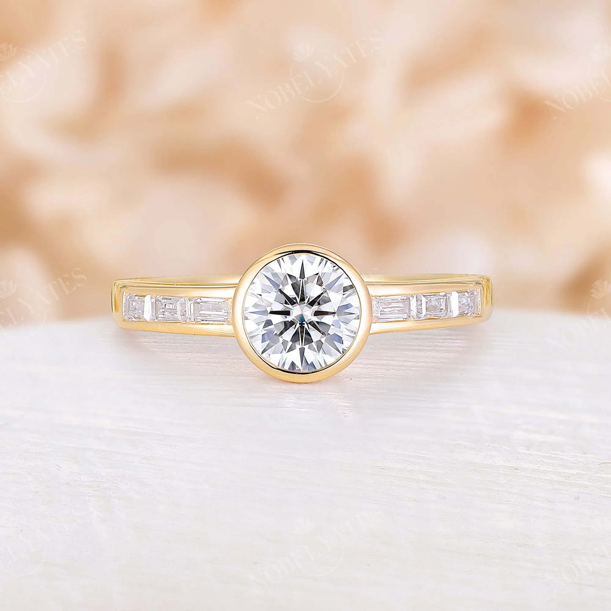 Art Deco Moissanite & Baguette CZ Bezel Engagement Ring Rose Gold