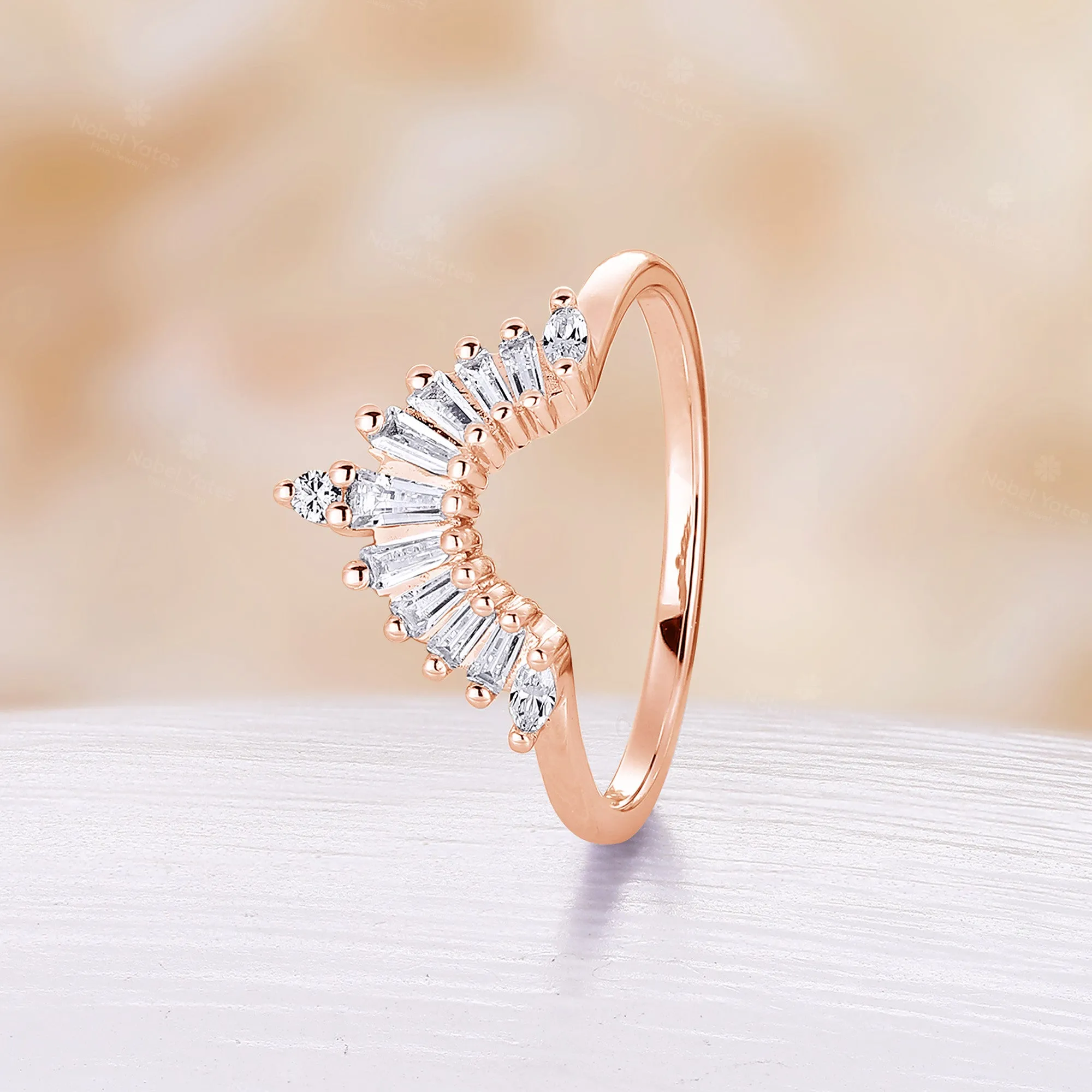 Art Deco Rose Gold Baguette Diamond /CZ Matching Wedding Band