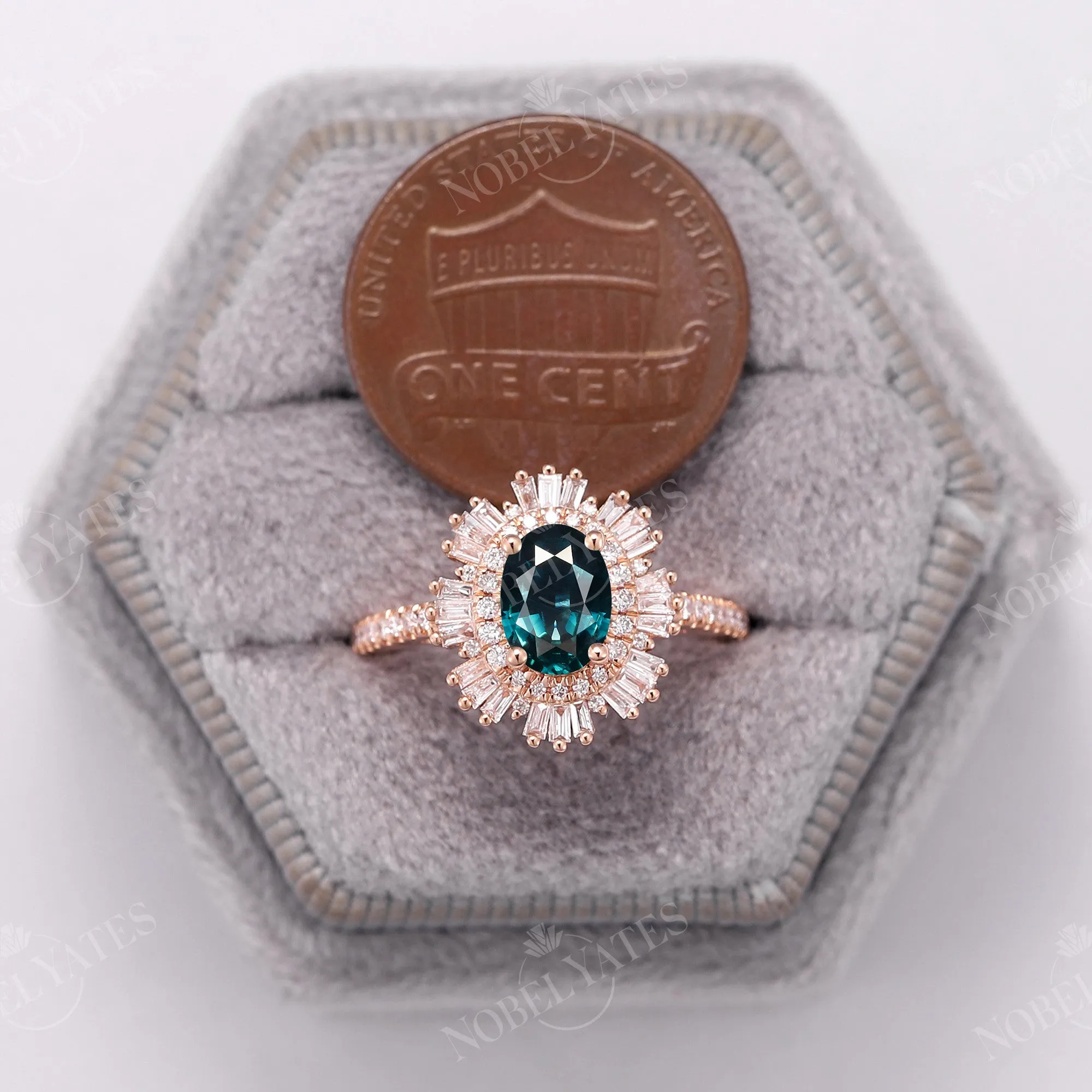 Art Deco Teal Sapphire Baguette Halo Engagement Ring Pave Band