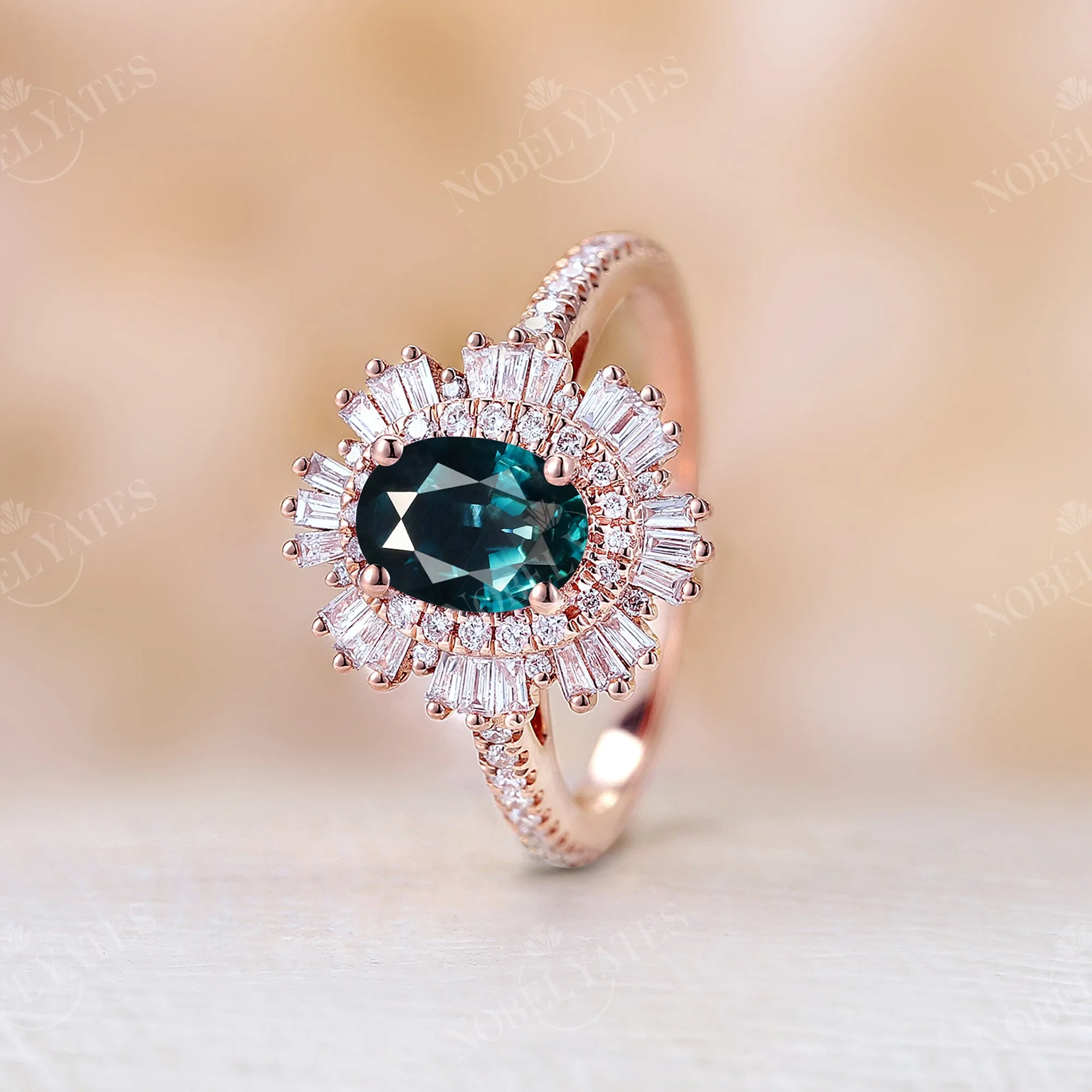 Art Deco Teal Sapphire Baguette Halo Engagement Ring Pave Band