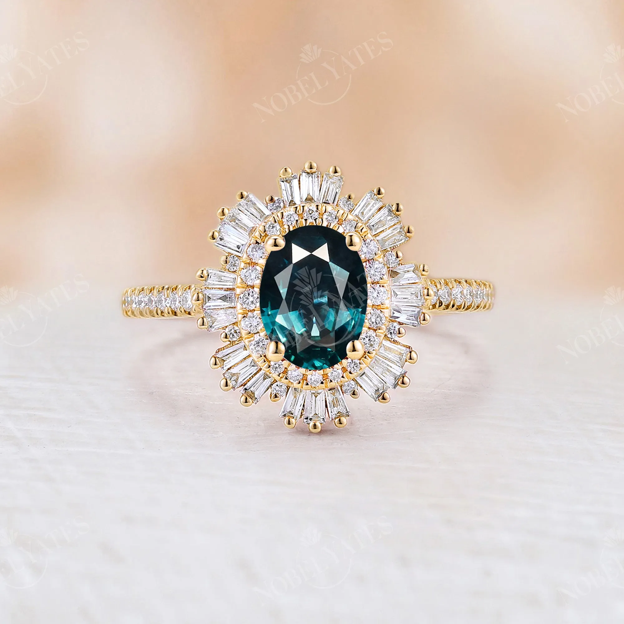 Art Deco Teal Sapphire Baguette Halo Engagement Ring Pave Band