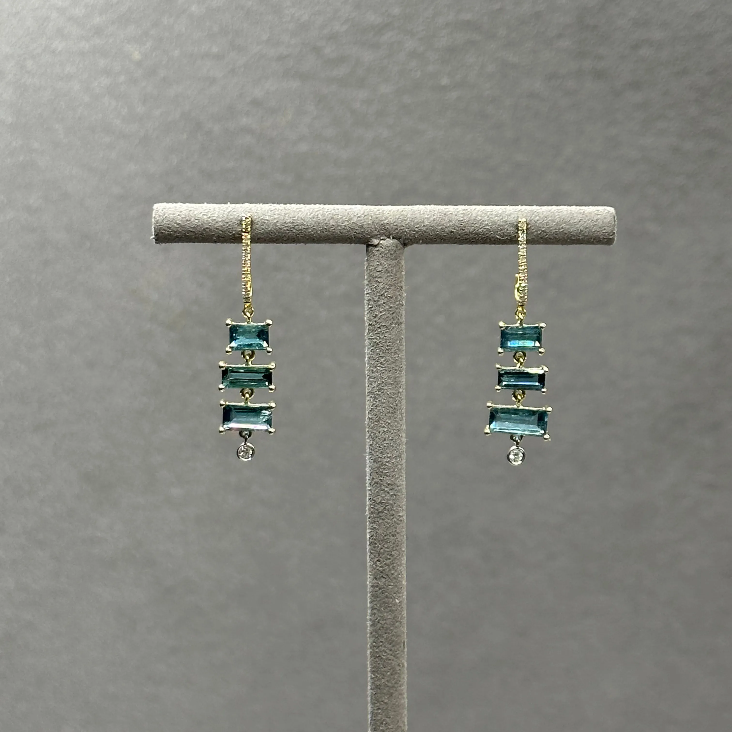 Baguette Blue Tourmaline and Diamond Dangle Drop Earrings