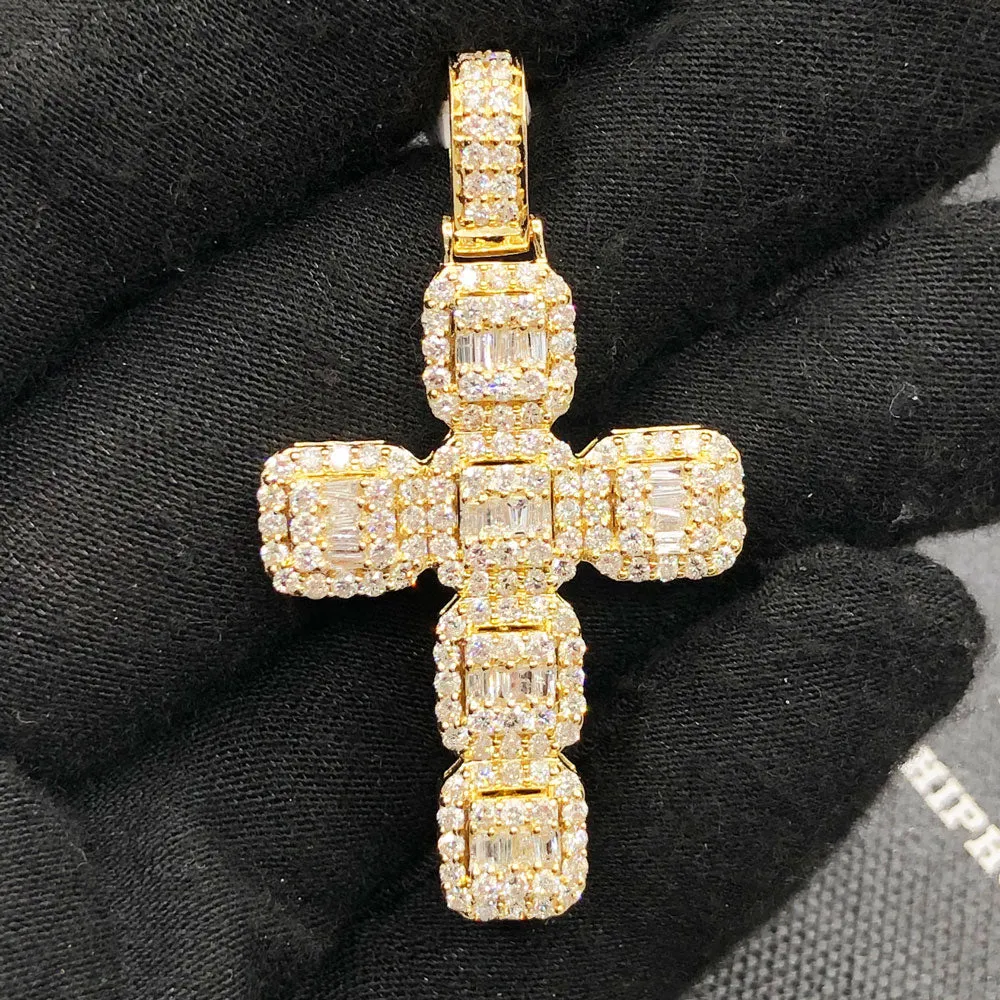 Baguette Cluster Cushion Cross 2.82cttw Diamond Pendant 10K Yellow Gold