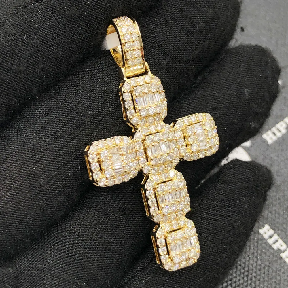 Baguette Cluster Cushion Cross 2.82cttw Diamond Pendant 10K Yellow Gold