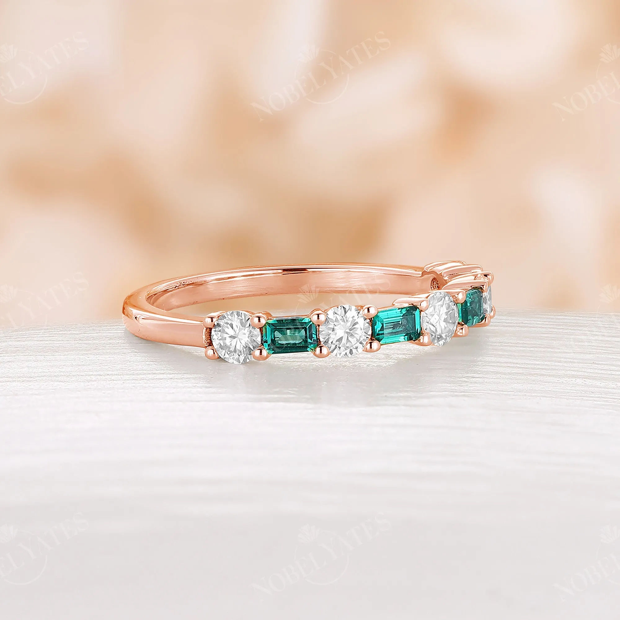 Baguette Cut Emerald Round Moissanite Rose Gold Wedding Band