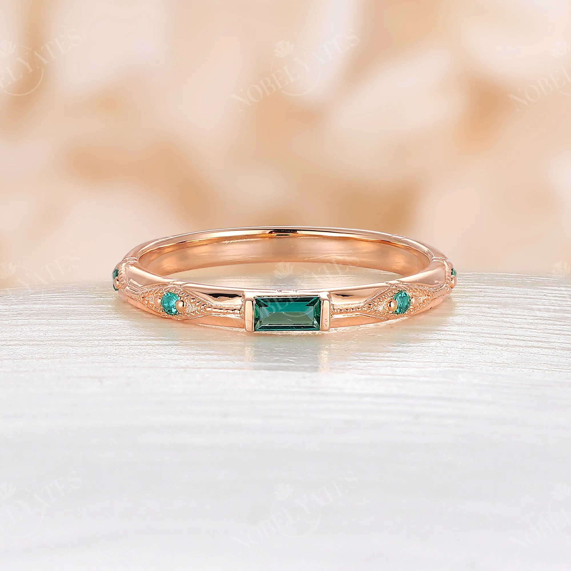 Baguette Lab Emerald Art Deco Milgrain Wedding Band Rose Gold