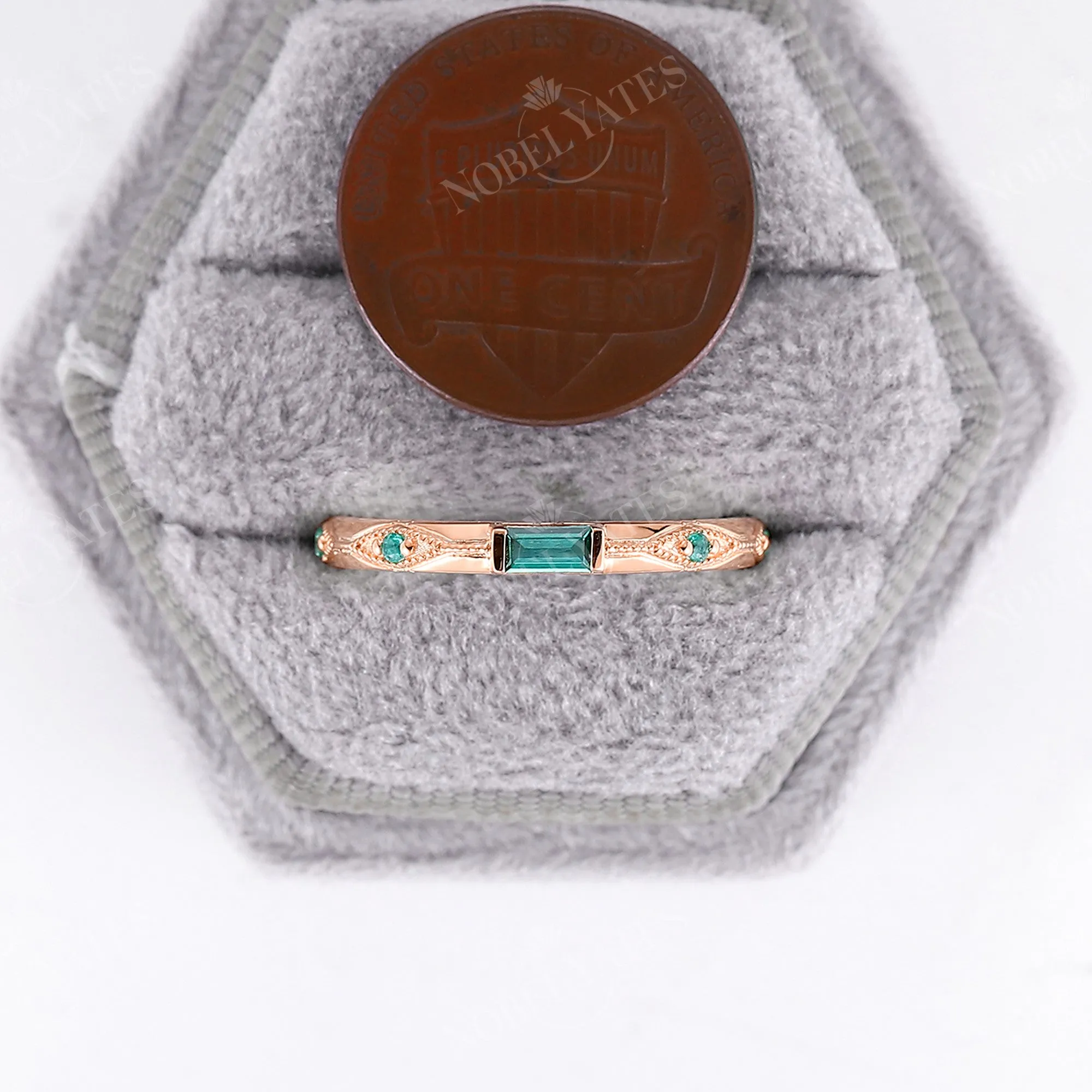 Baguette Lab Emerald Art Deco Milgrain Wedding Band Rose Gold