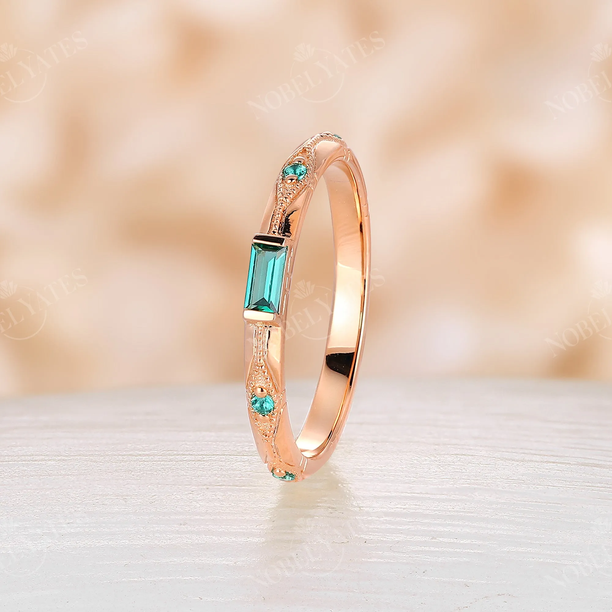 Baguette Lab Emerald Art Deco Milgrain Wedding Band Rose Gold