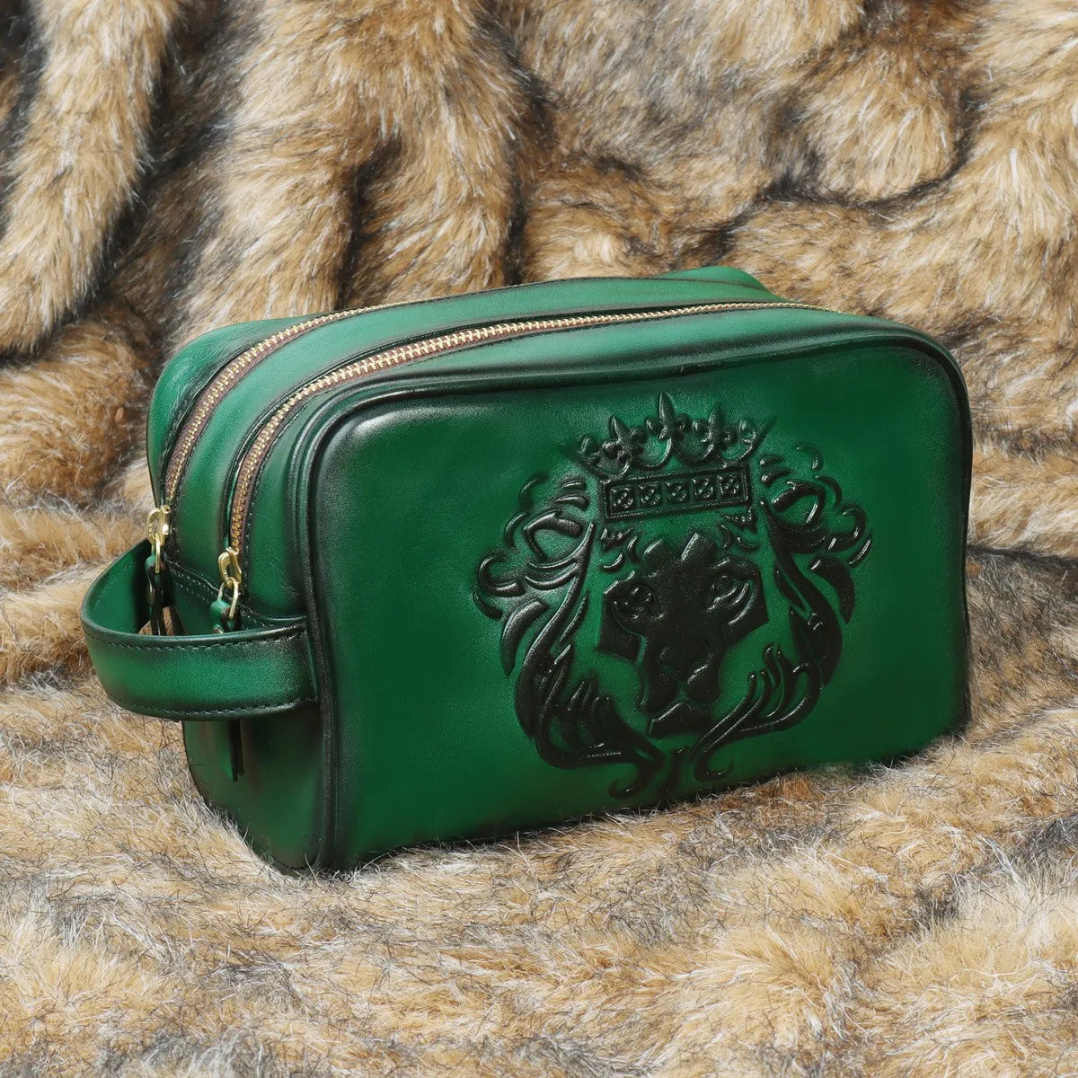 Bespoke Green Hand-Painted Initial Leather Kit Bag Embossed Lion with Sling Strap by Brune & Bareskin