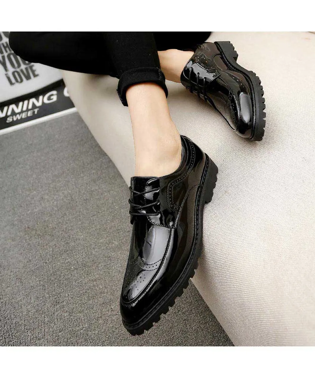 Black brogue patent leather derby dress shoe 1683