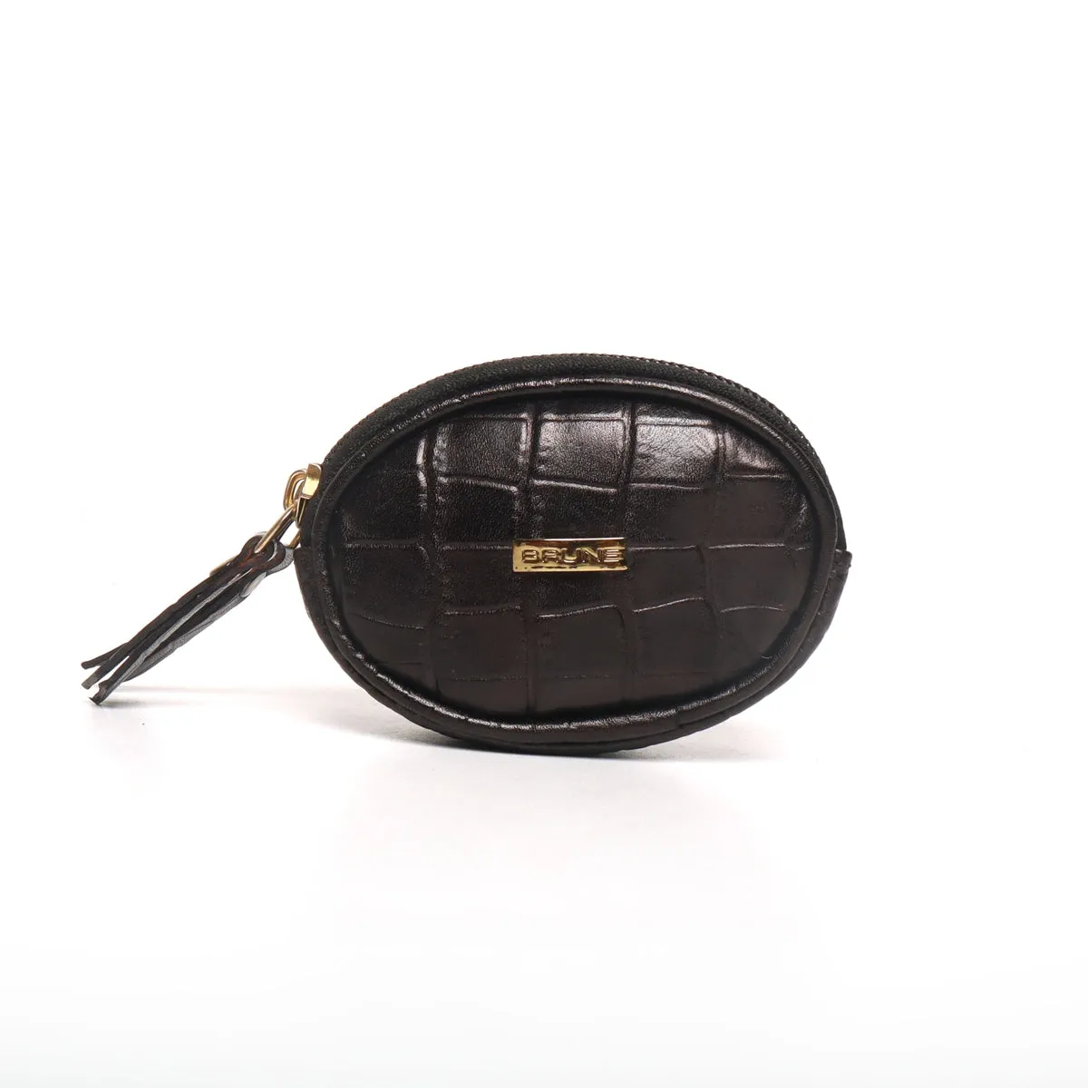 Black Deep Cut Croco Oval Shape With Metallic Zipper Coin Purse By Brune & Bareskin