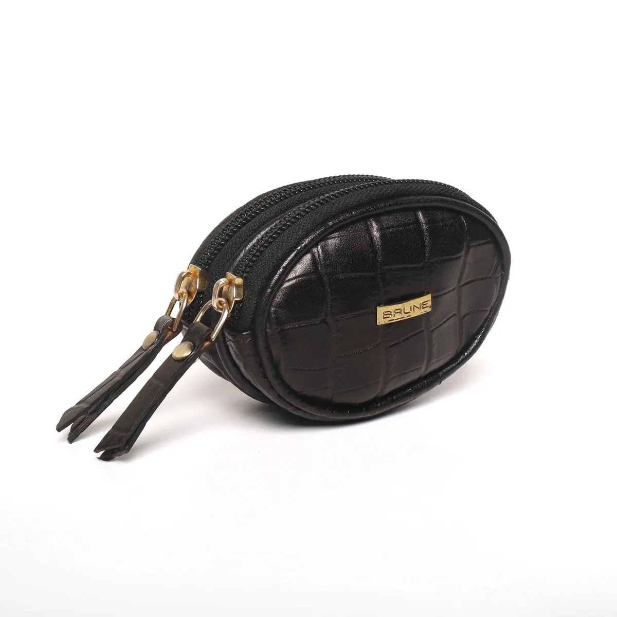 Black Deep Cut Croco Oval Shape With Metallic Zipper Coin Purse By Brune & Bareskin