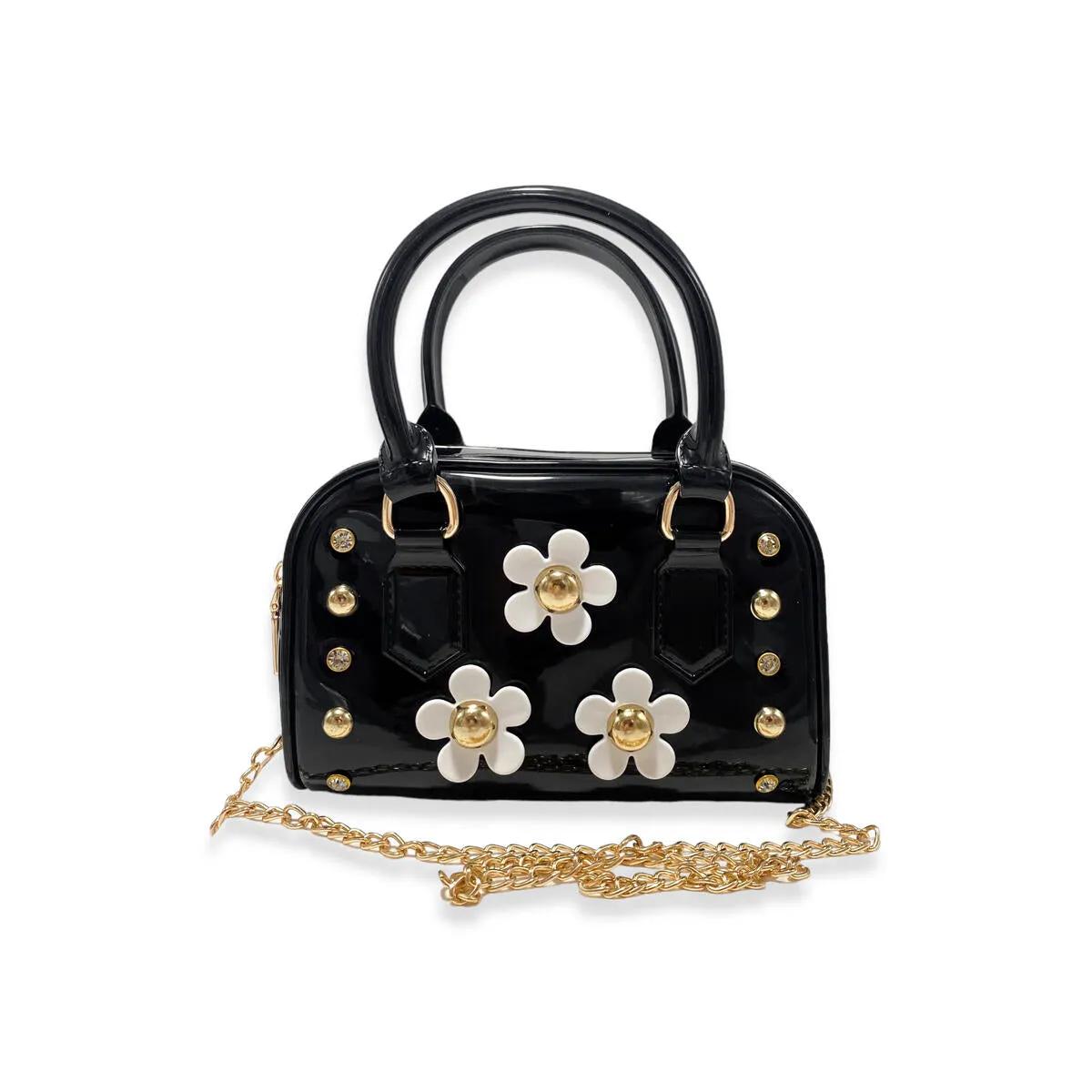 Black Floral Shiny Jelly Barrel Purse