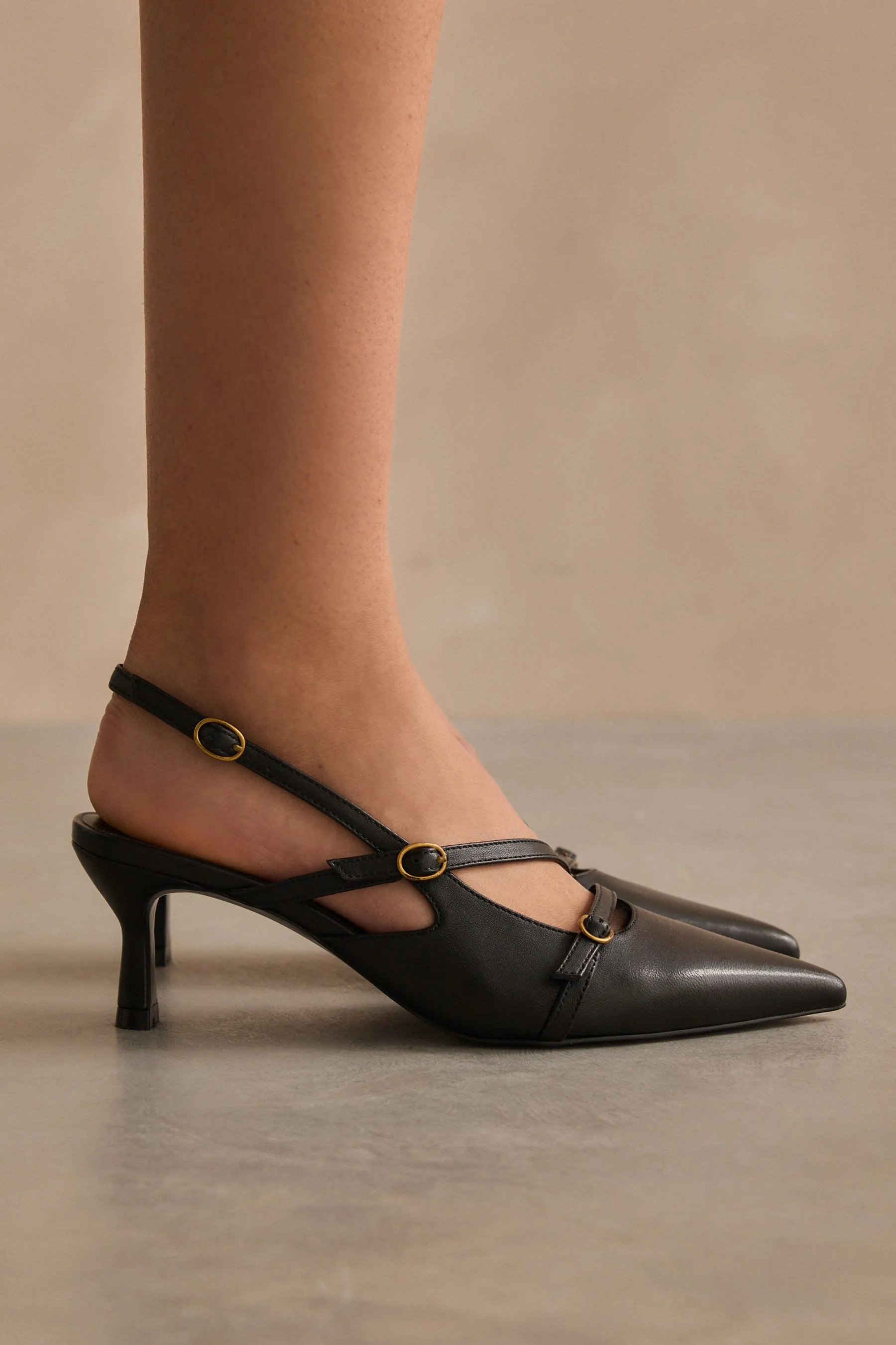 Black Forever Comfort® Leather Multi Buckle Slingback Heels