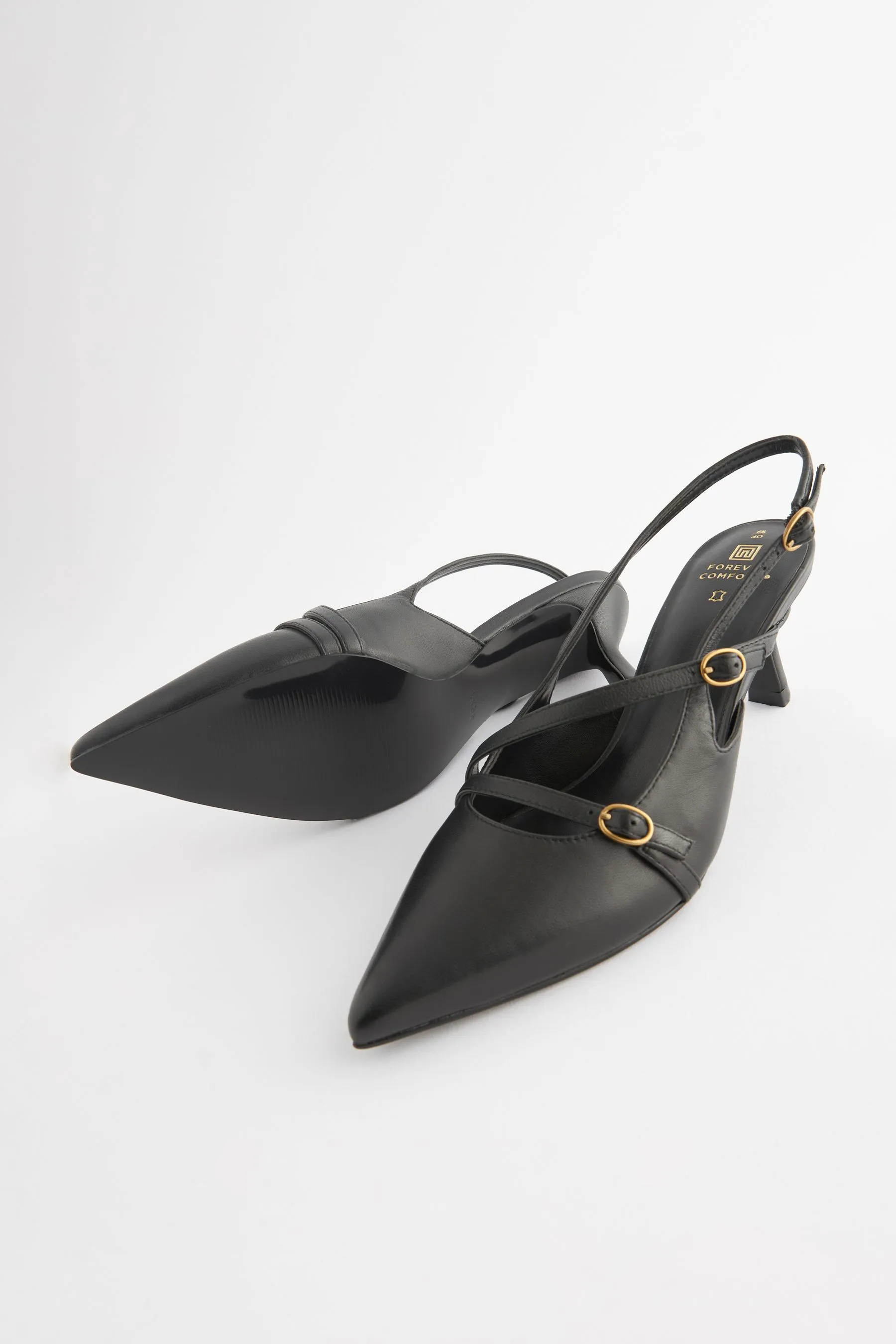 Black Forever Comfort® Leather Multi Buckle Slingback Heels