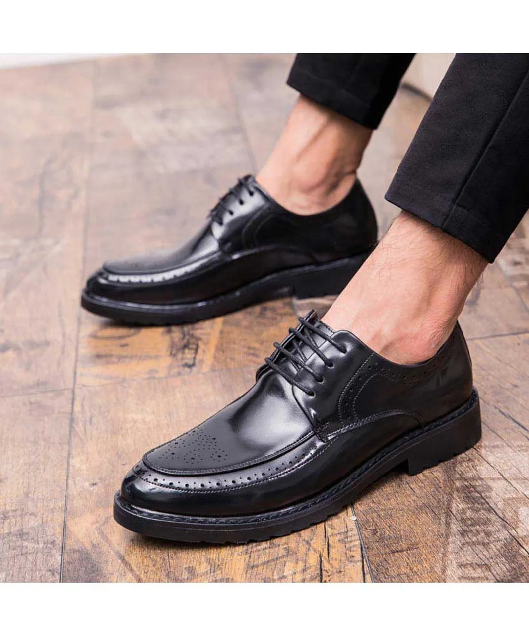 Black retro brogue leather derby dress shoe 1753