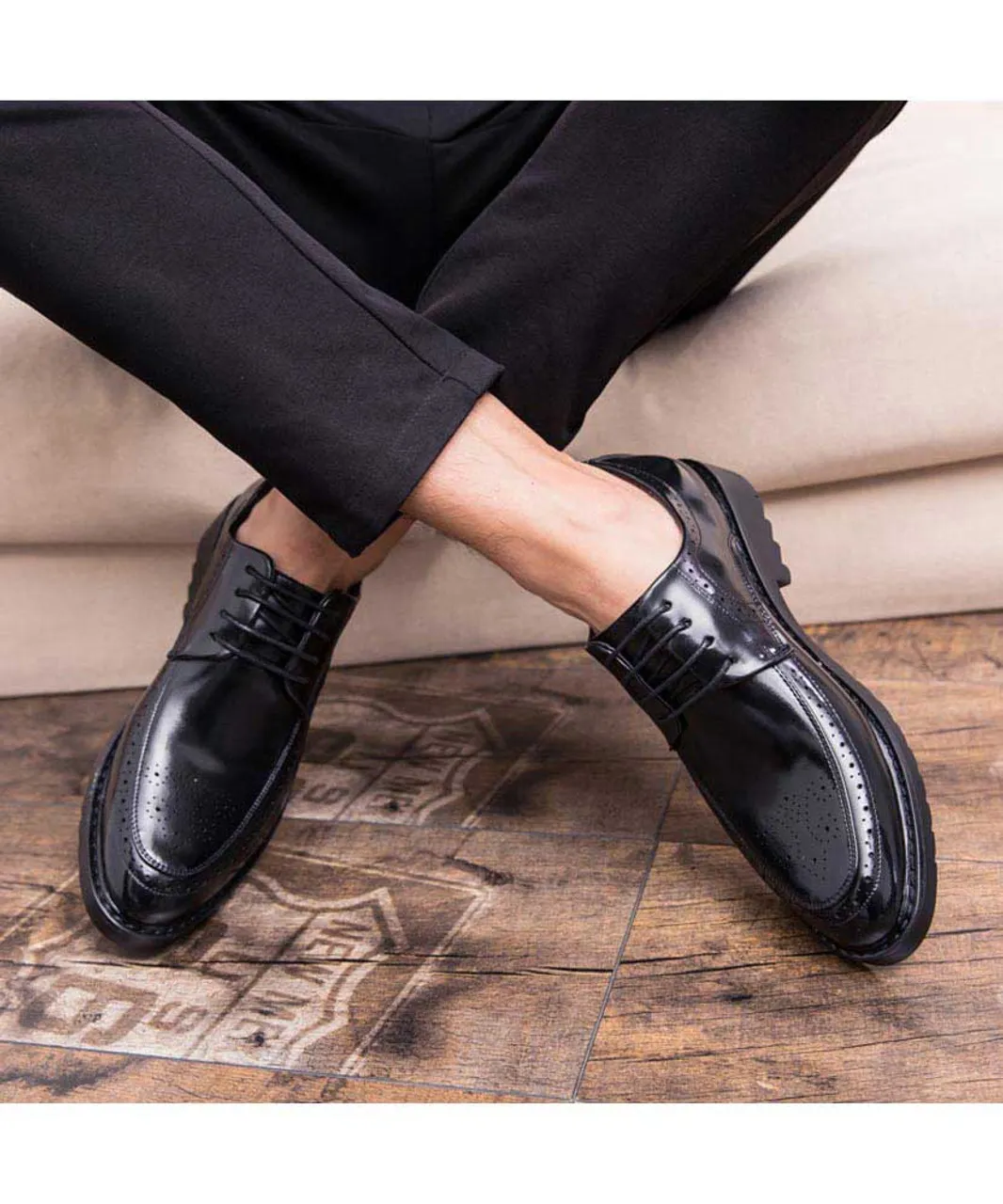 Black retro brogue leather derby dress shoe 1753