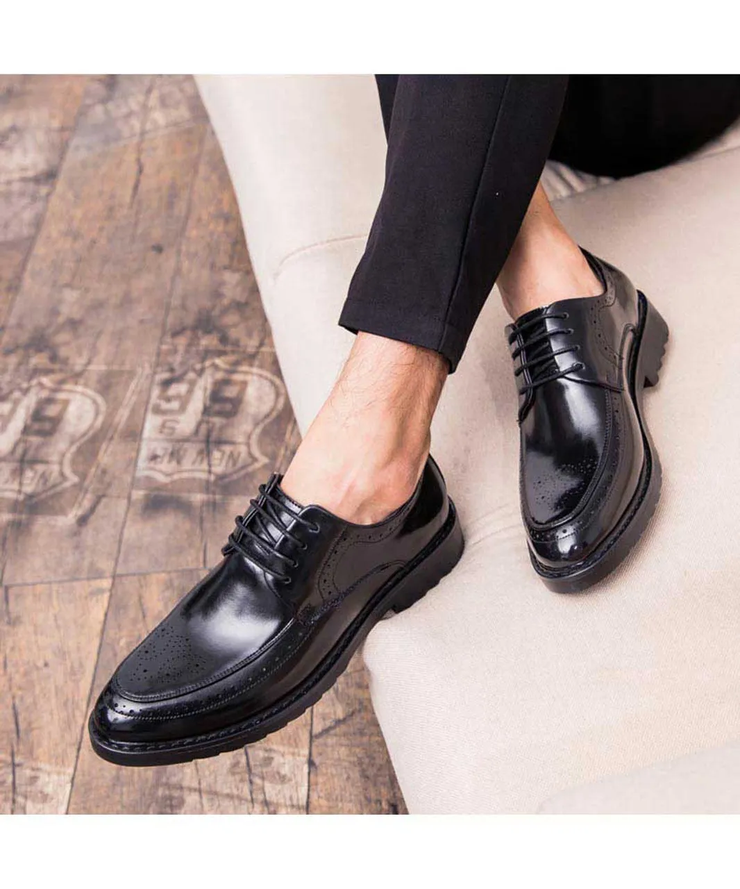 Black retro brogue leather derby dress shoe 1753