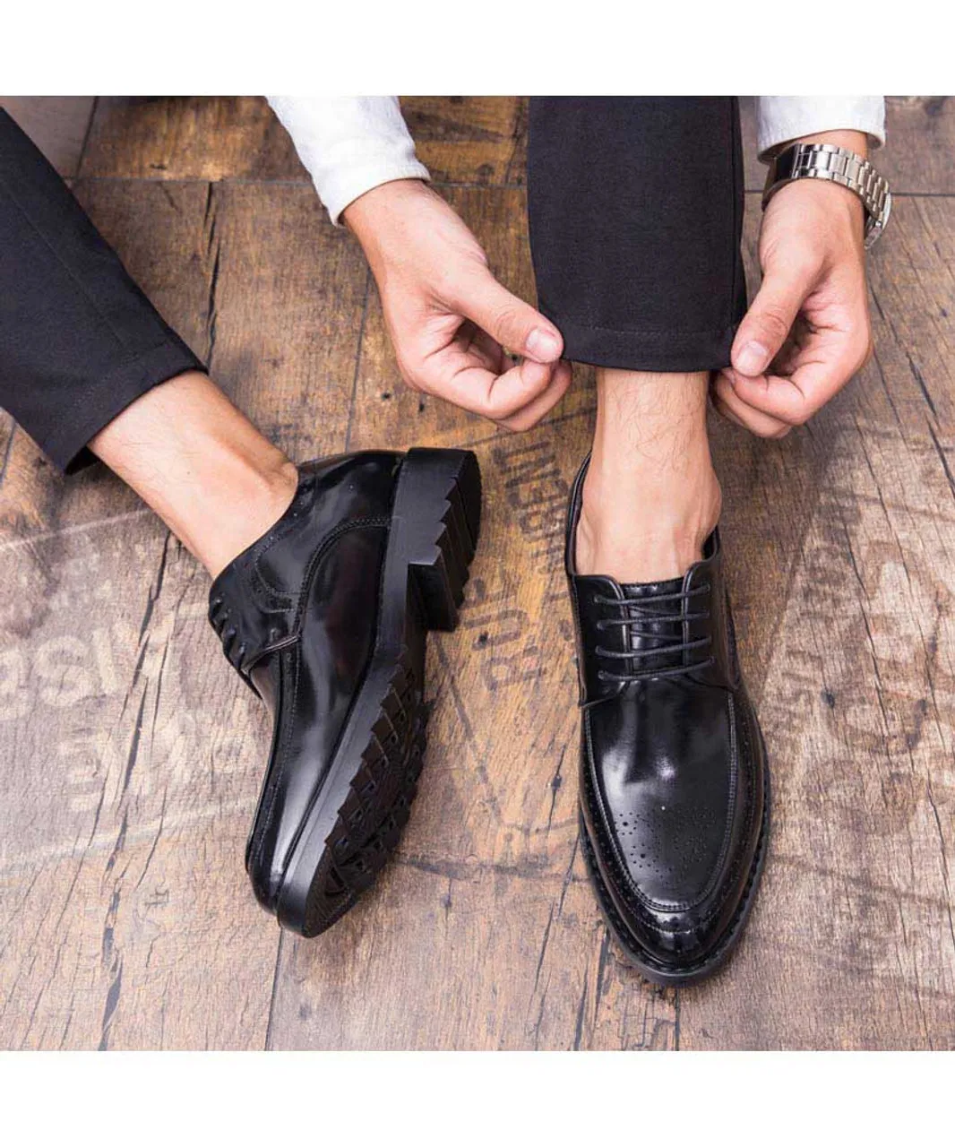 Black retro brogue leather derby dress shoe 1753