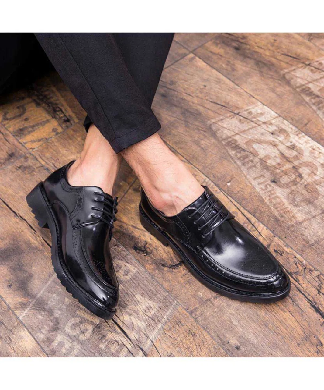 Black retro brogue leather derby dress shoe 1753